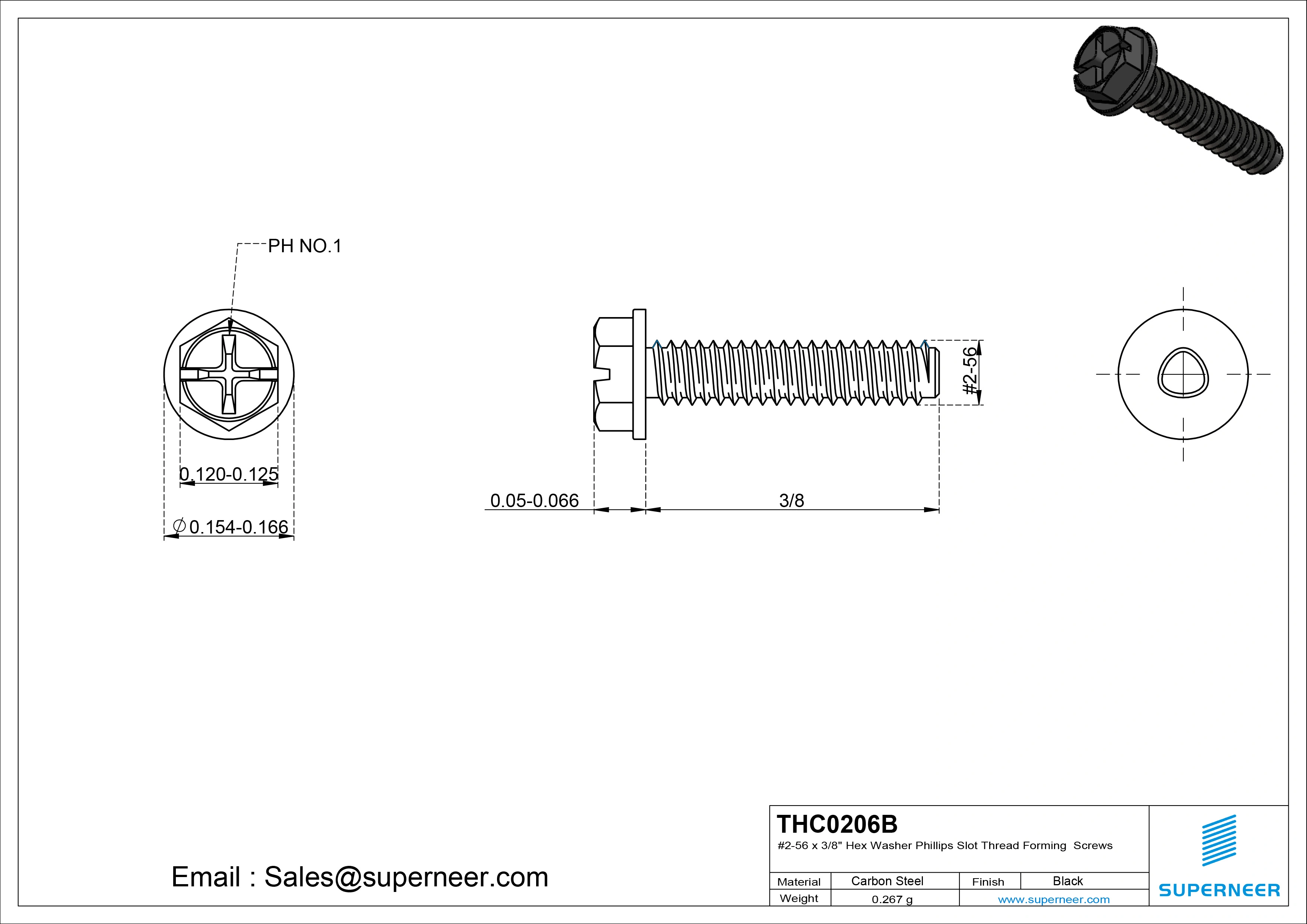 2-56 × 3/8 Hex Washer Phillips Slot Thread Forming  Screws for Metal  Steel Black