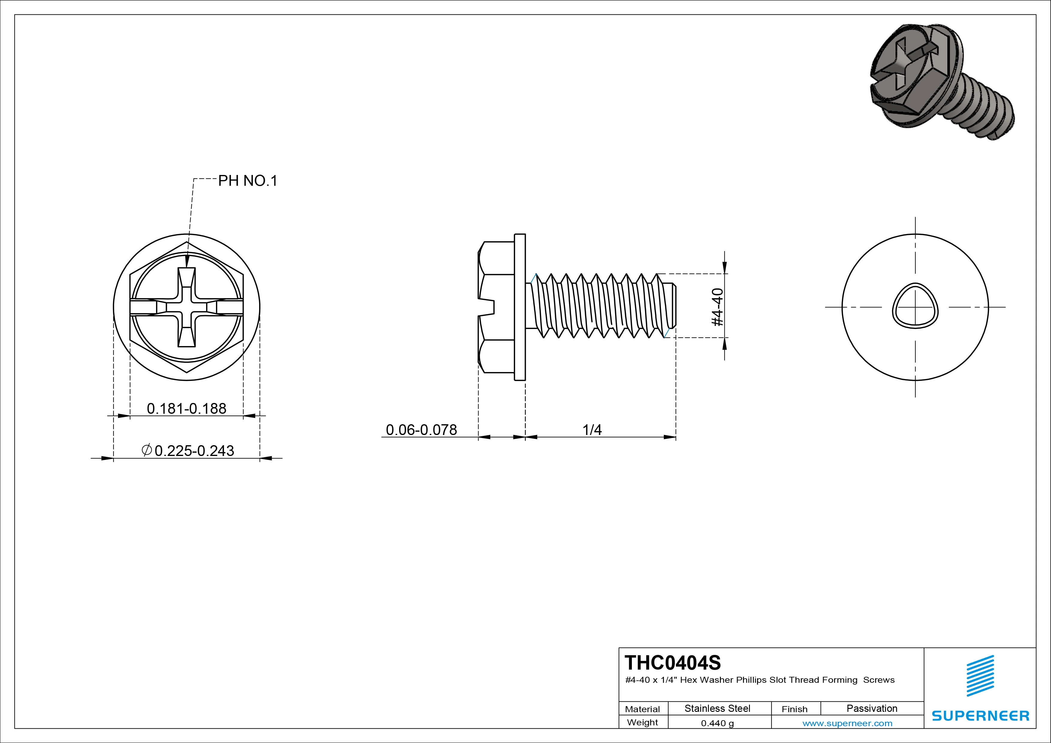 4-40 × 1/4 Hex Washer Phillips Slot Thread Forming  Screws for Metal  SUS304 Stainless Steel Inox