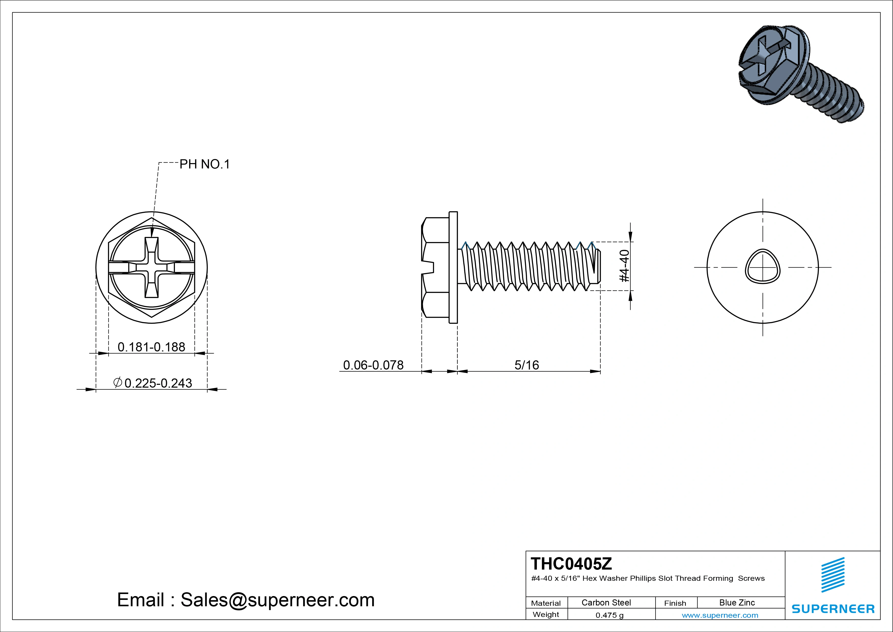 4-40 × 5/16 Hex Washer Phillips Slot Thread Forming  Screws for Metal  Steel Blue Zinc Plated