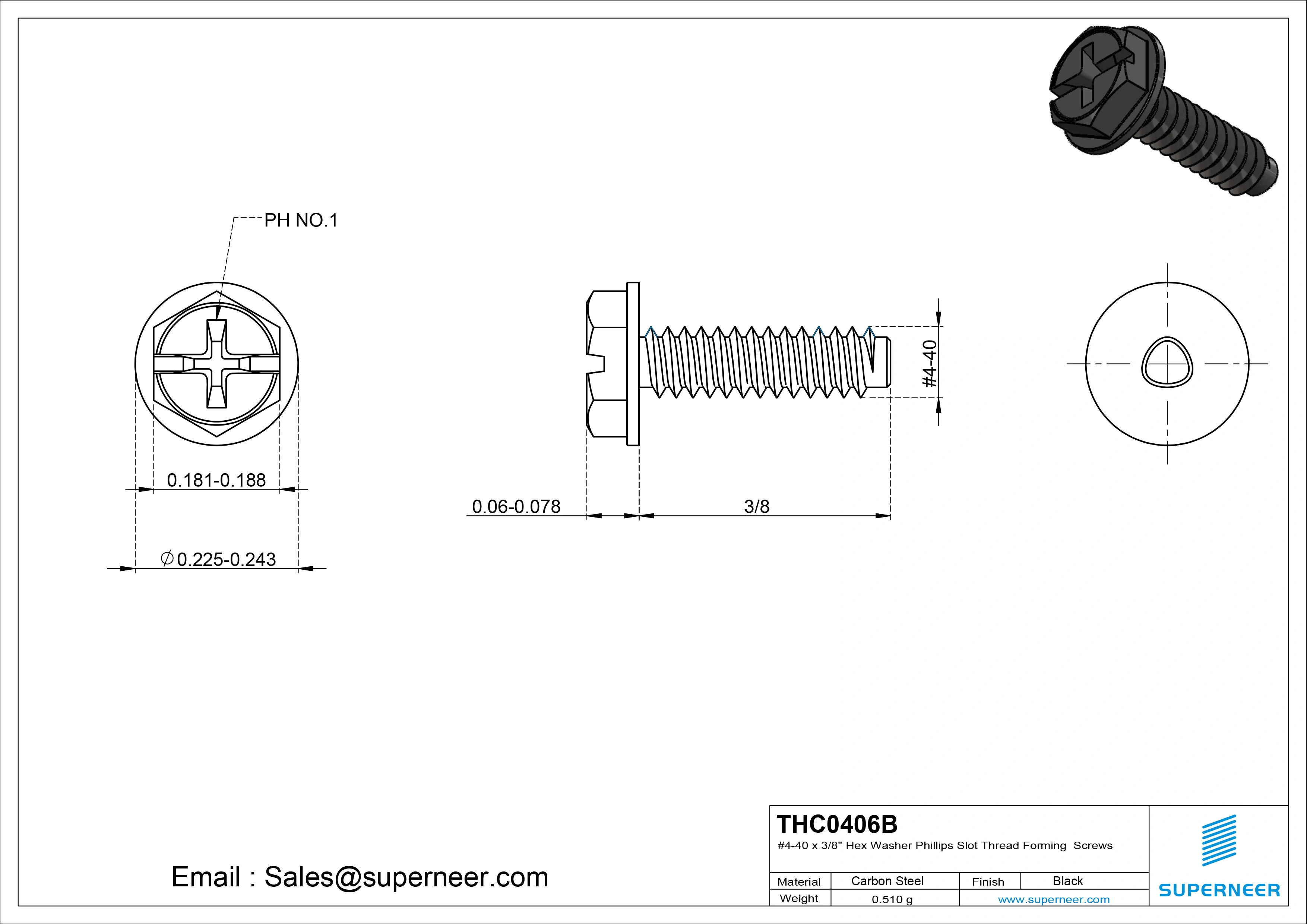 4-40 × 3/8 Hex Washer Phillips Slot Thread Forming  Screws for Metal  Steel Black