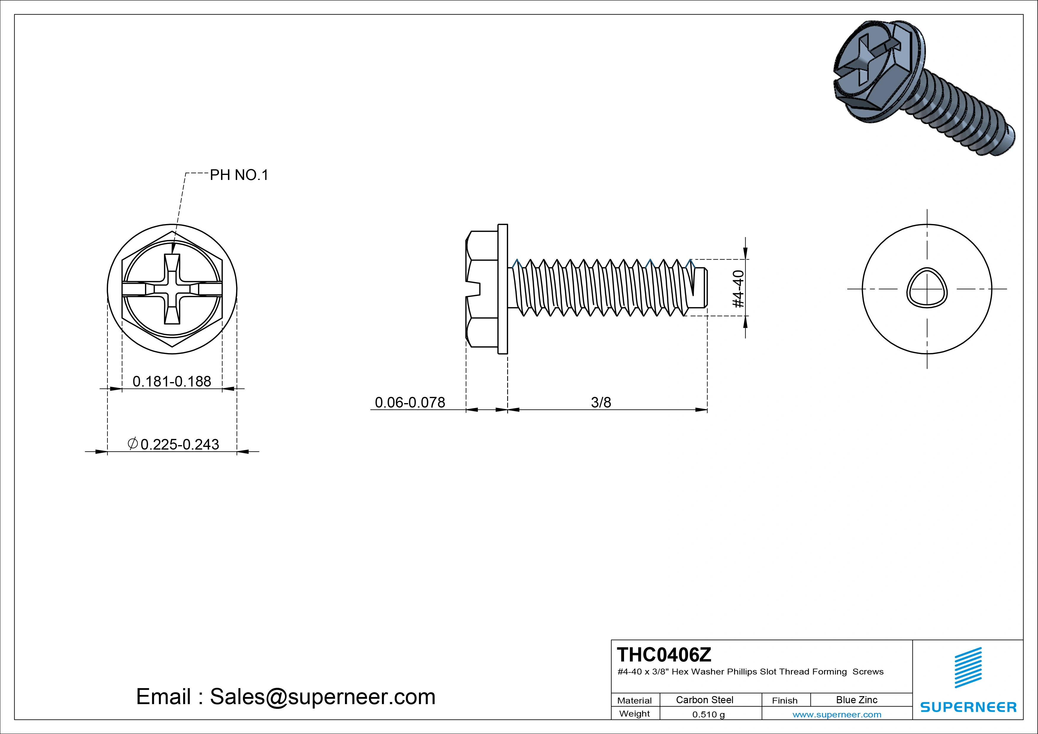 4-40 × 3/8 Hex Washer Phillips Slot Thread Forming  Screws for Metal  Steel Blue Zinc Plated