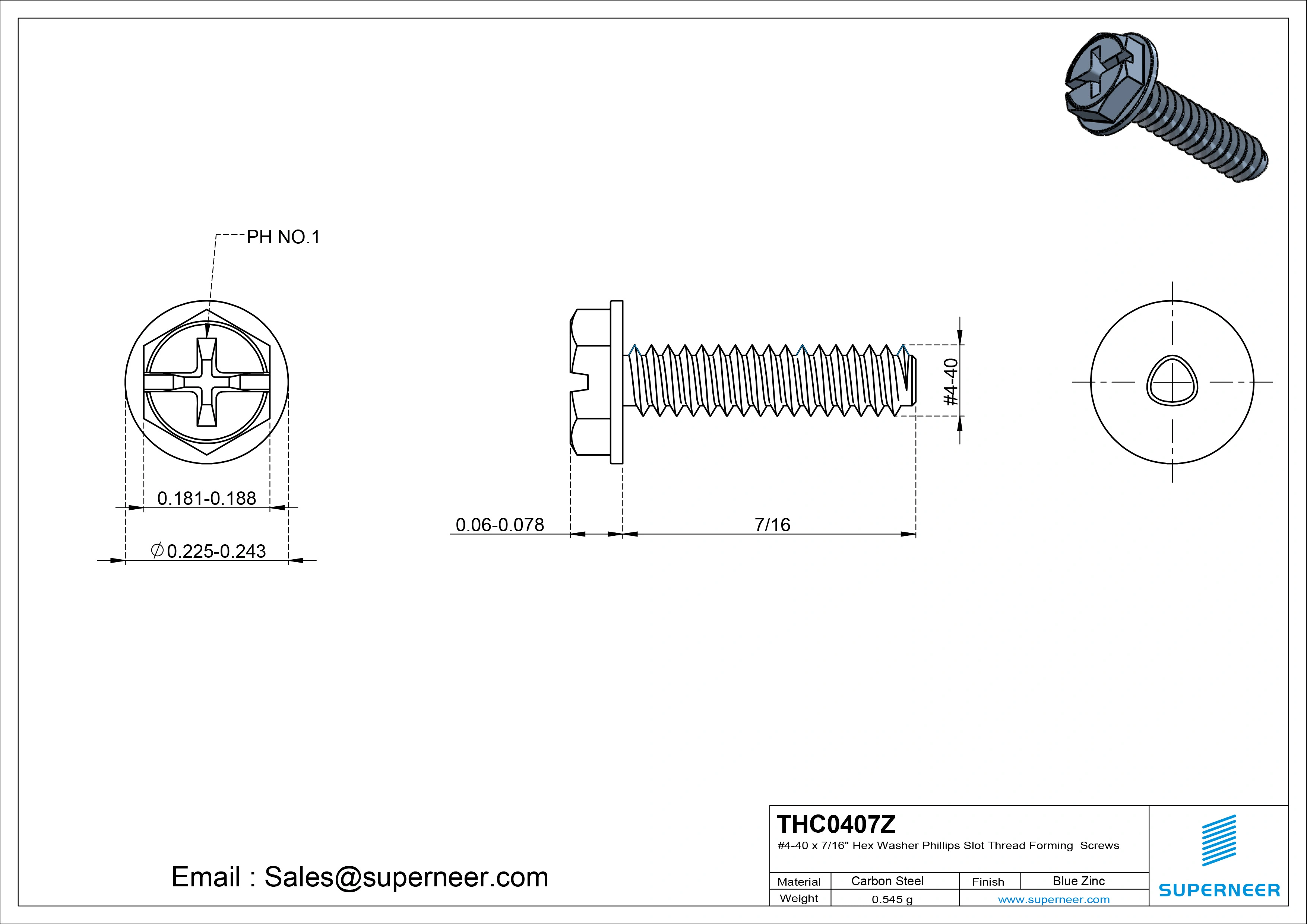 4-40 × 7/16 Hex Washer Phillips Slot Thread Forming  Screws for Metal  Steel Blue Zinc Plated