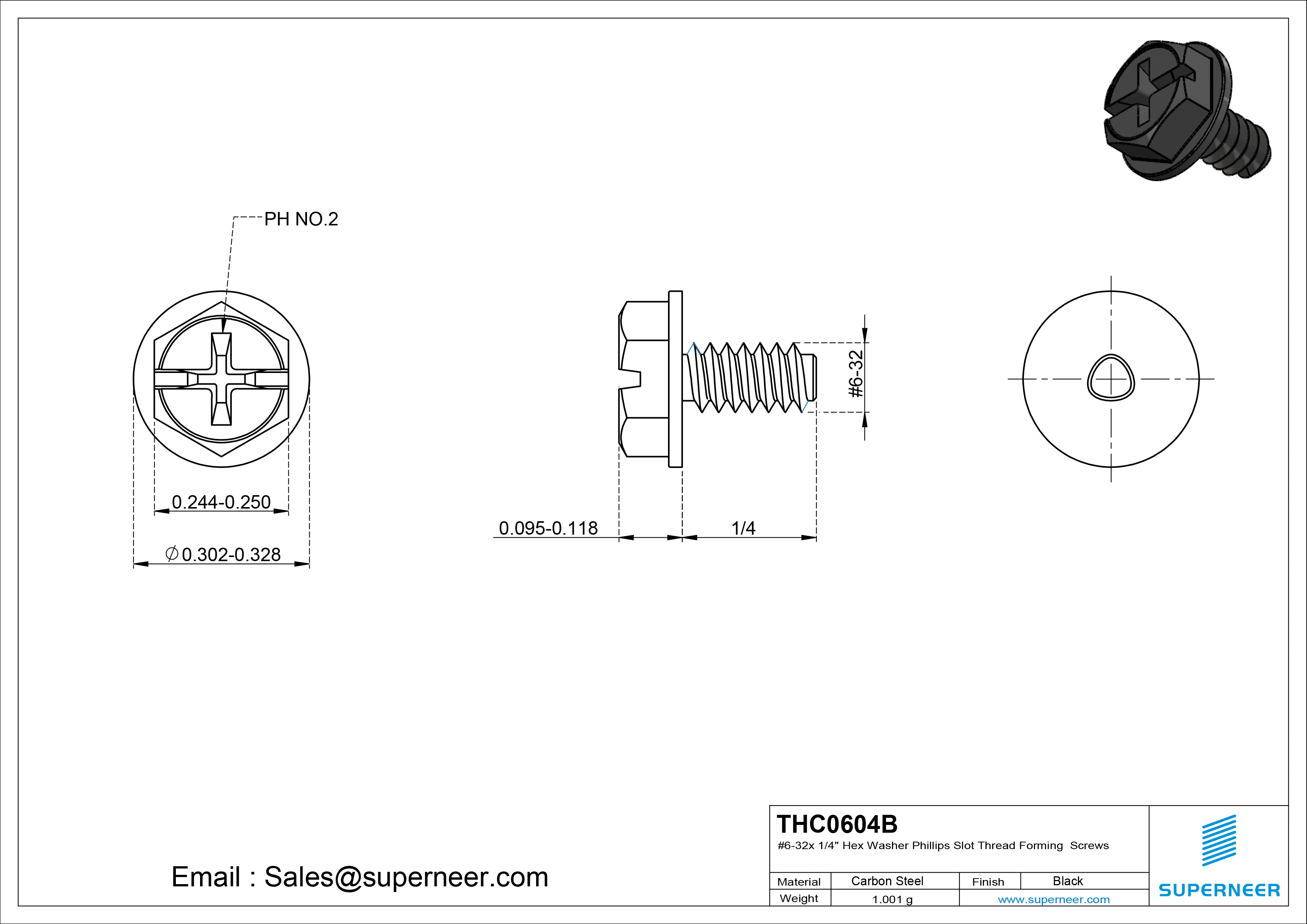 6-32 × 1/4 Hex Washer Phillips Slot Thread Forming  Screws for Metal  Steel Black