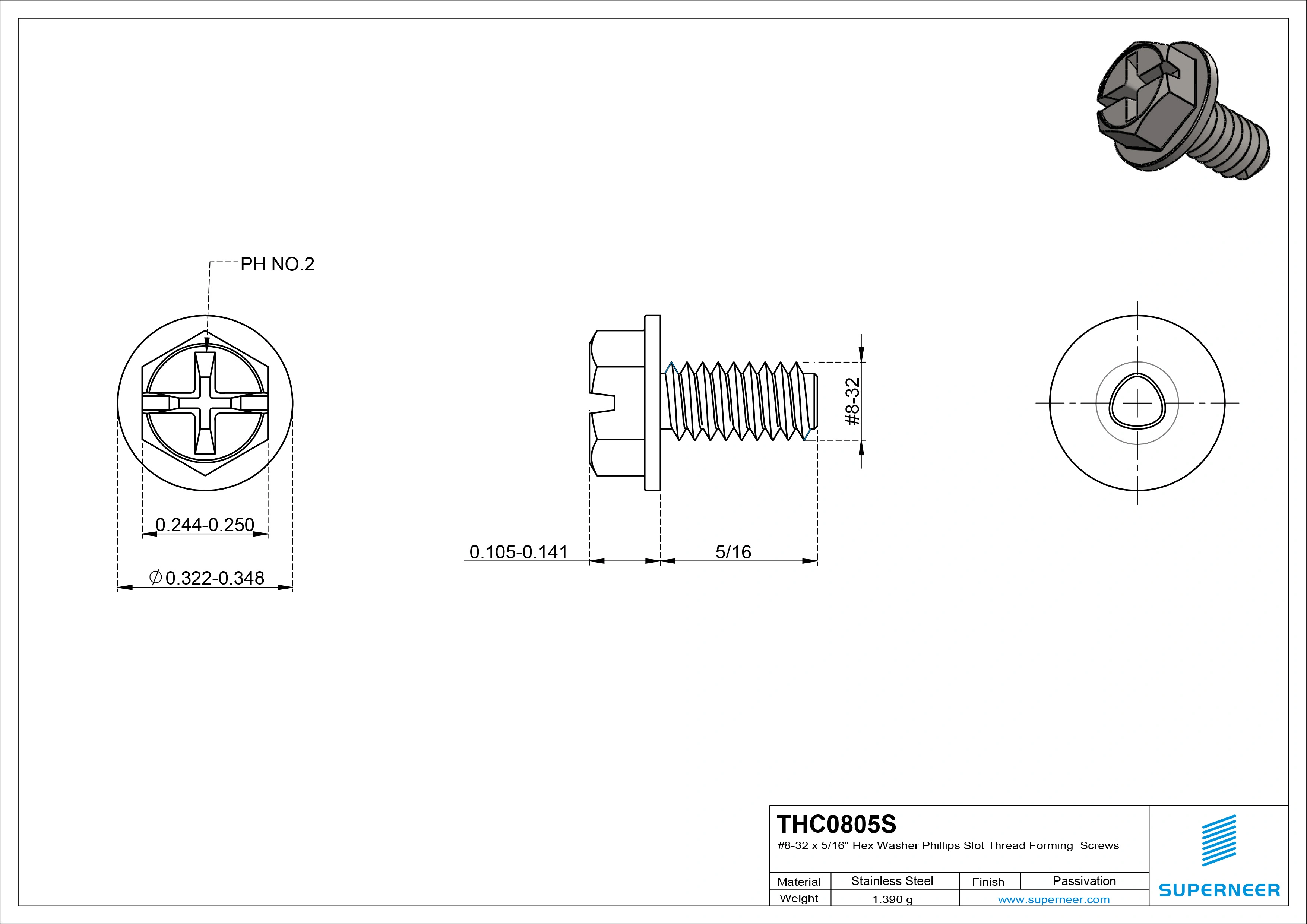 8-32 × 5/16 Hex Washer Phillips Slot Thread Forming  Screws for Metal  SUS304 Stainless Steel Inox