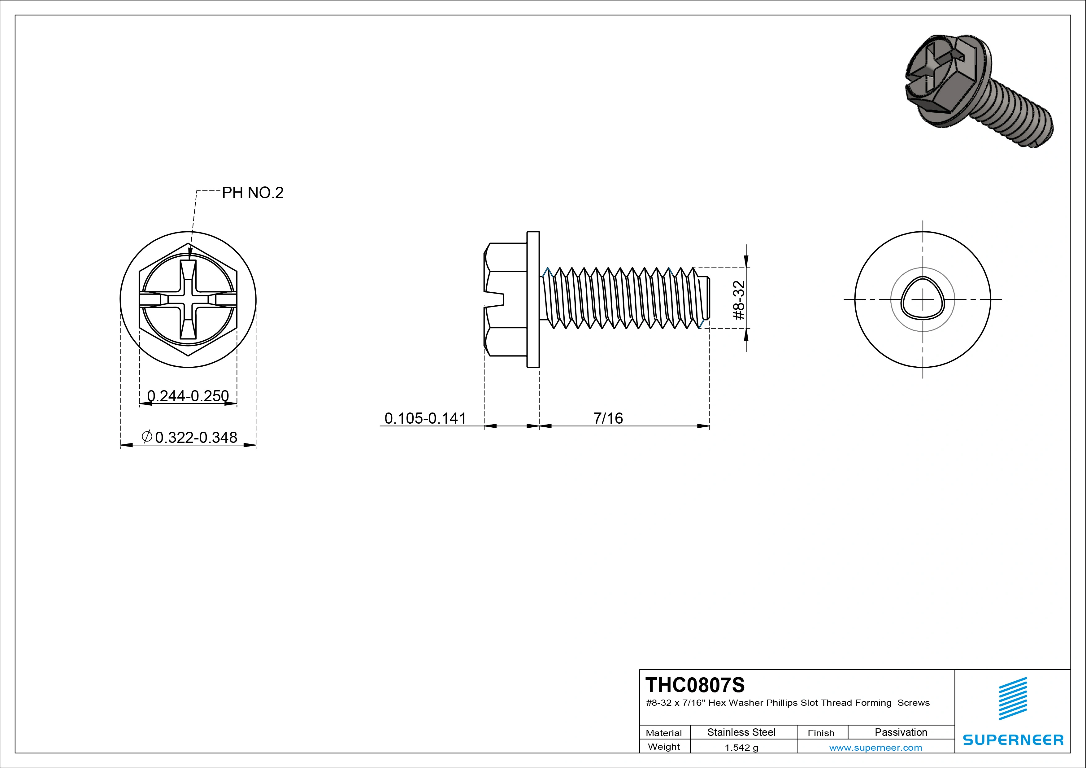 8-32 × 7/16 Hex Washer Phillips Slot Thread Forming  Screws for Metal  SUS304 Stainless Steel Inox