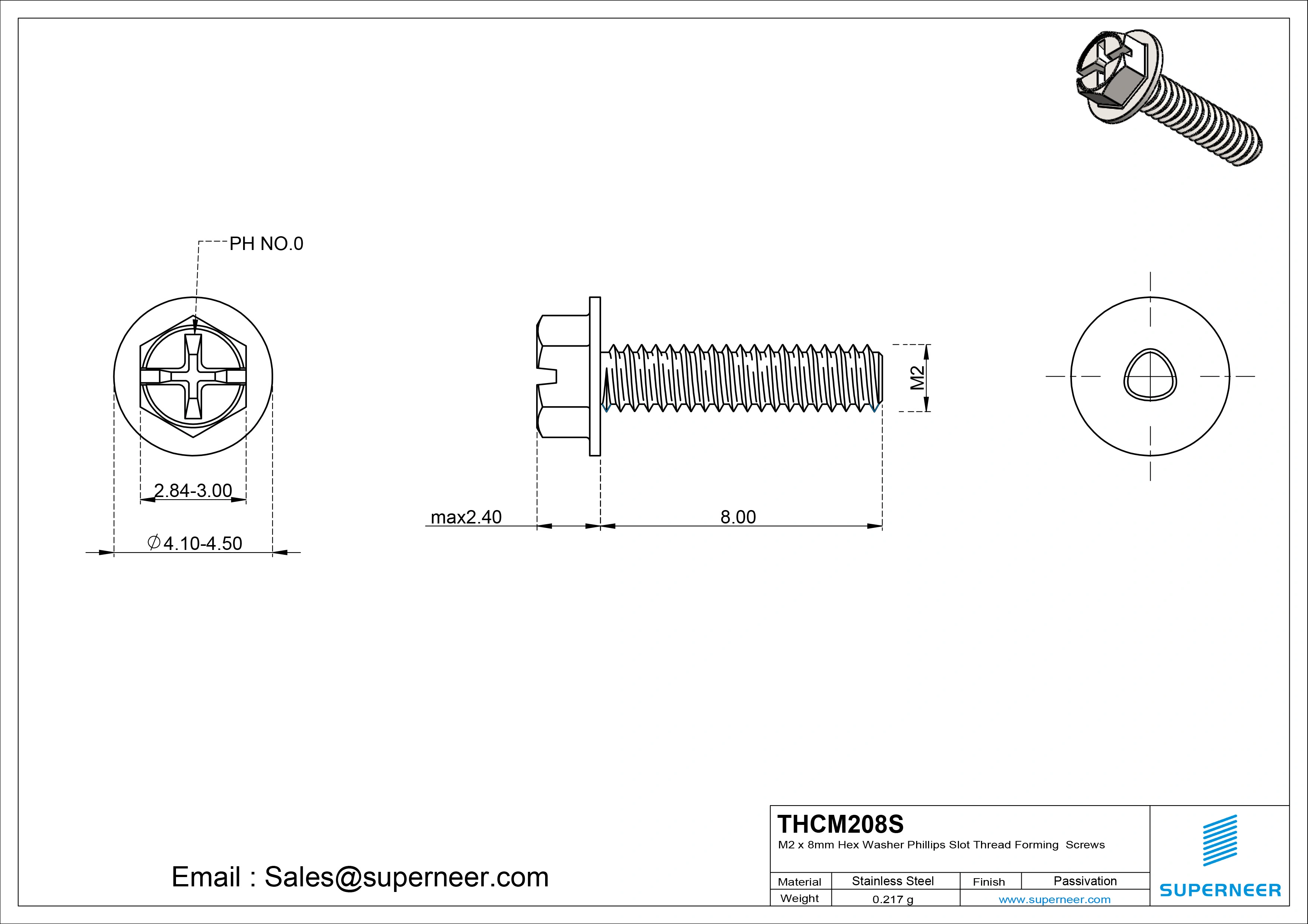 M2 × 8mm Indented Hex Washer Phillips Slot Thread Forming Screws for Metal SUS304 Stainless Steel Inox