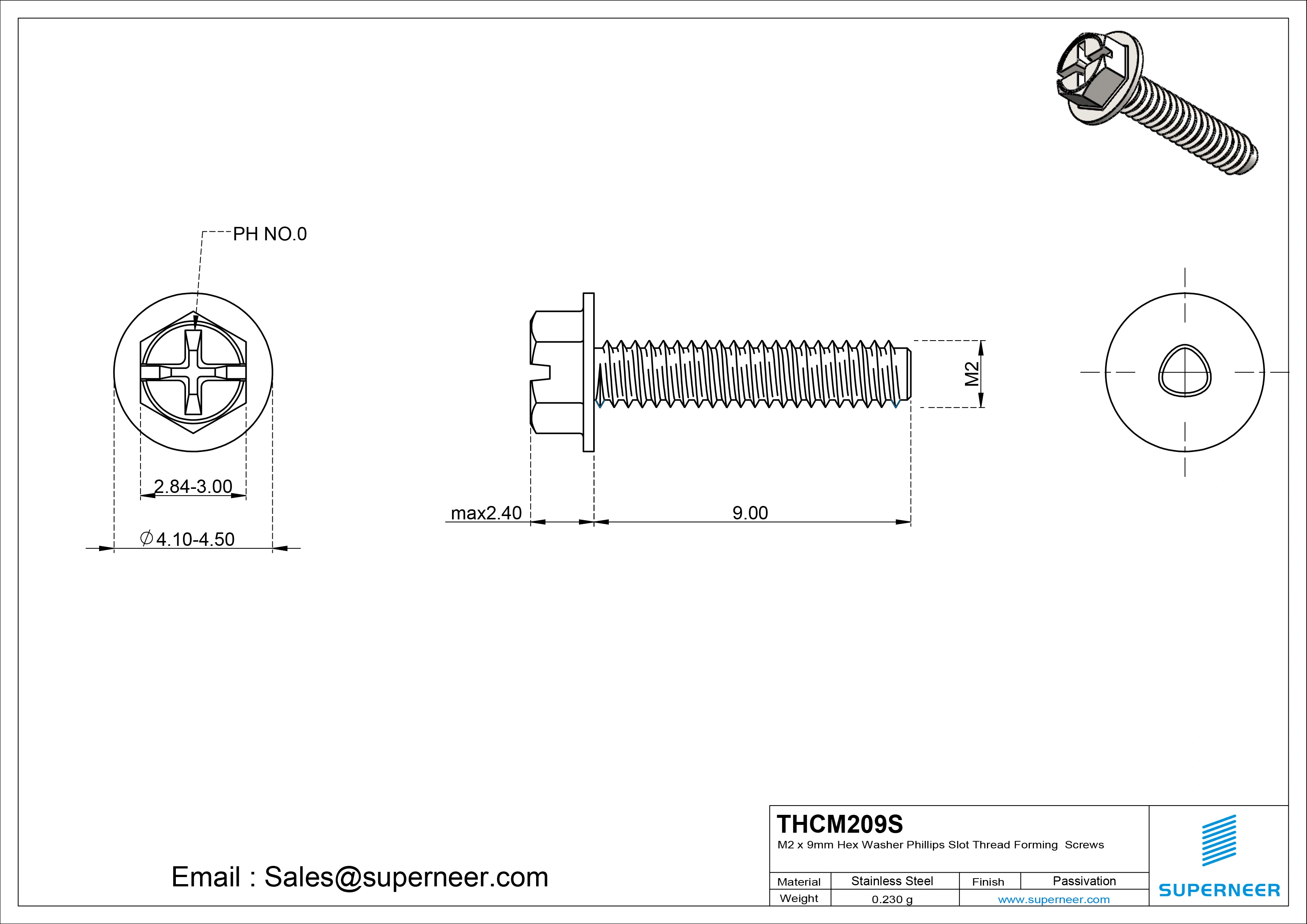 M2 × 9mm Indented Hex Washer Phillips Slot Thread Forming Screws for Metal SUS304 Stainless Steel Inox