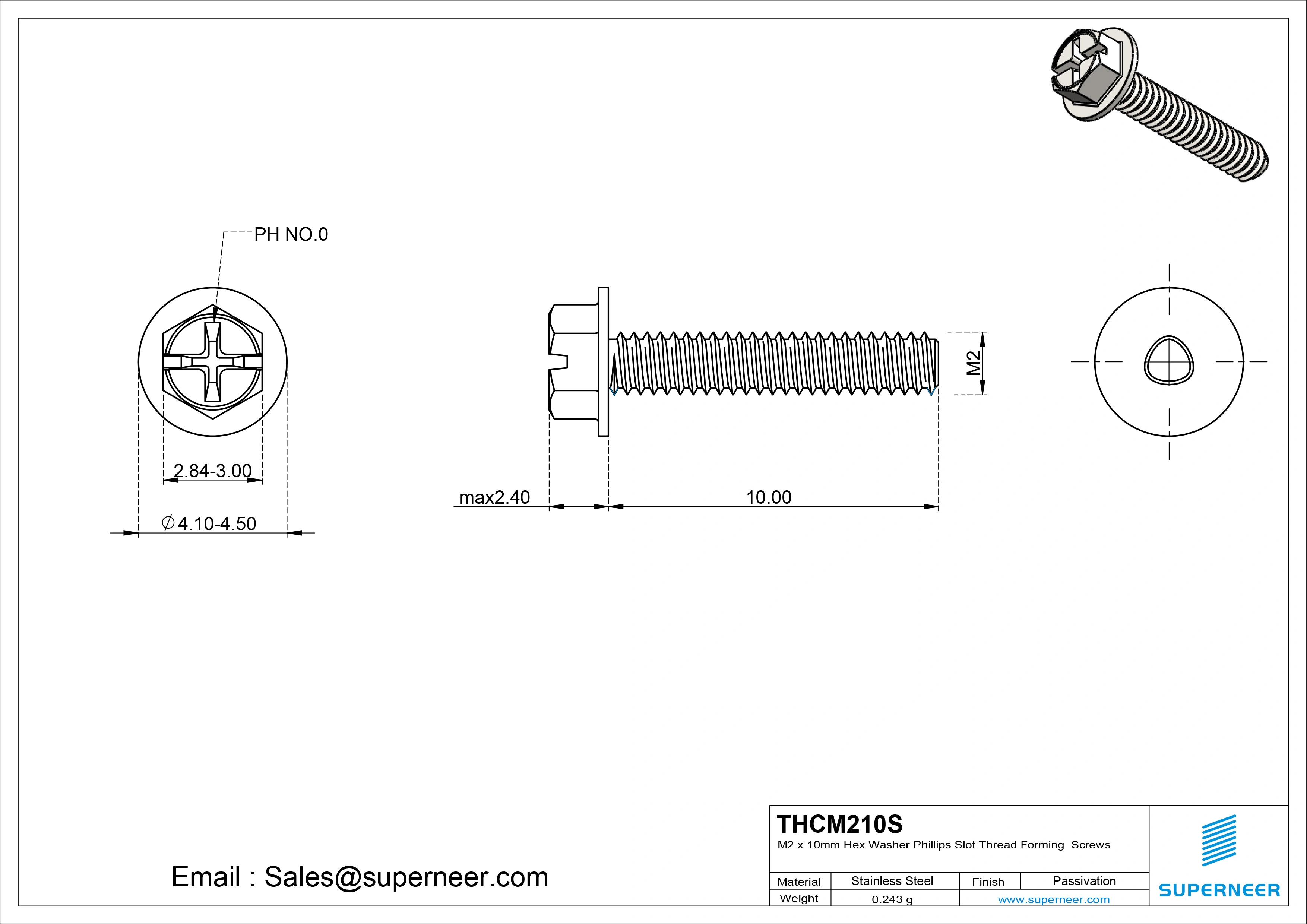 M2 × 10mm Indented Hex Washer Phillips Slot Thread Forming Screws for Metal SUS304 Stainless Steel Inox