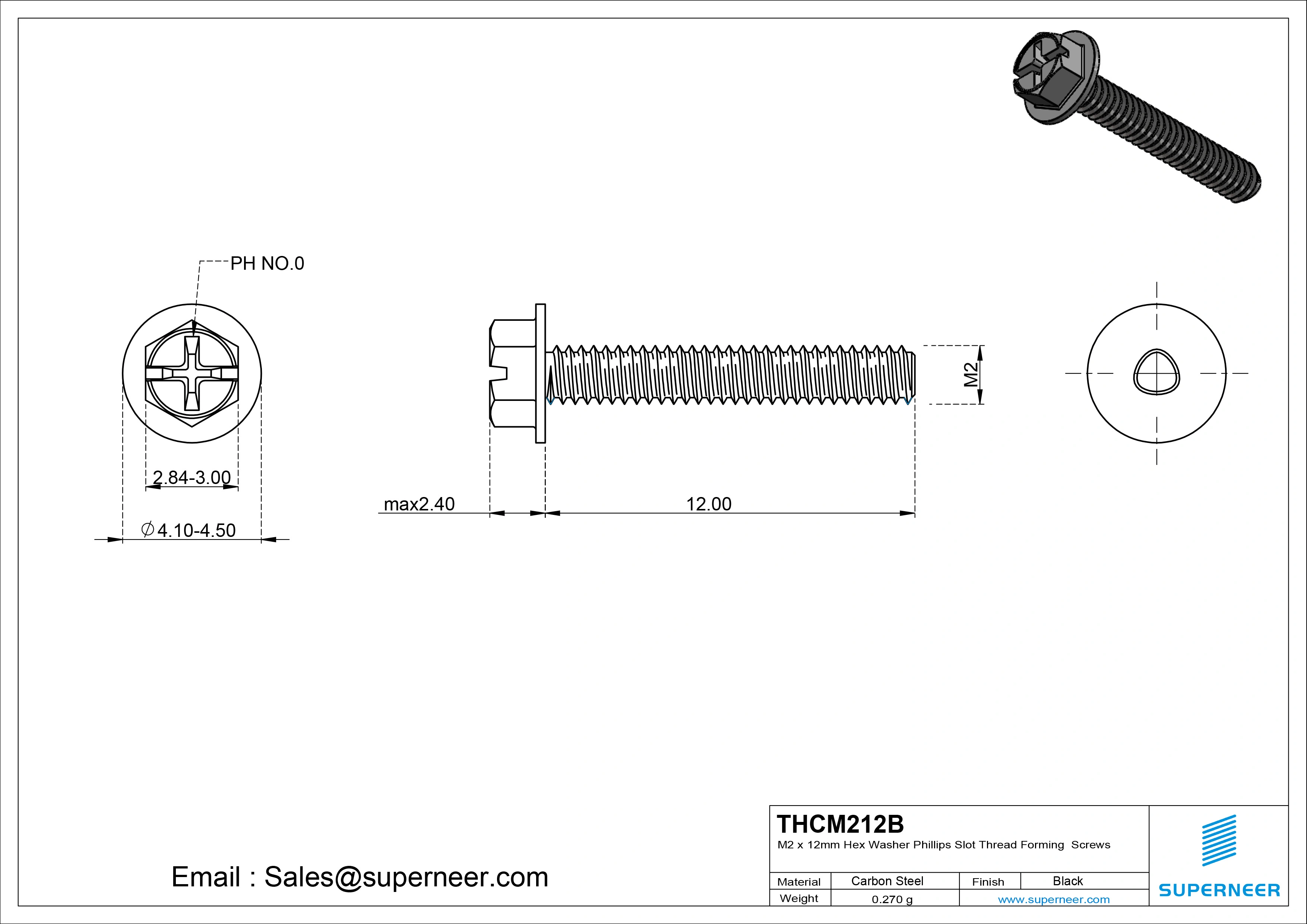 M2 × 12mm Indented Hex Washer Phillips Slot Thread Forming Screws for Metal Steel Black