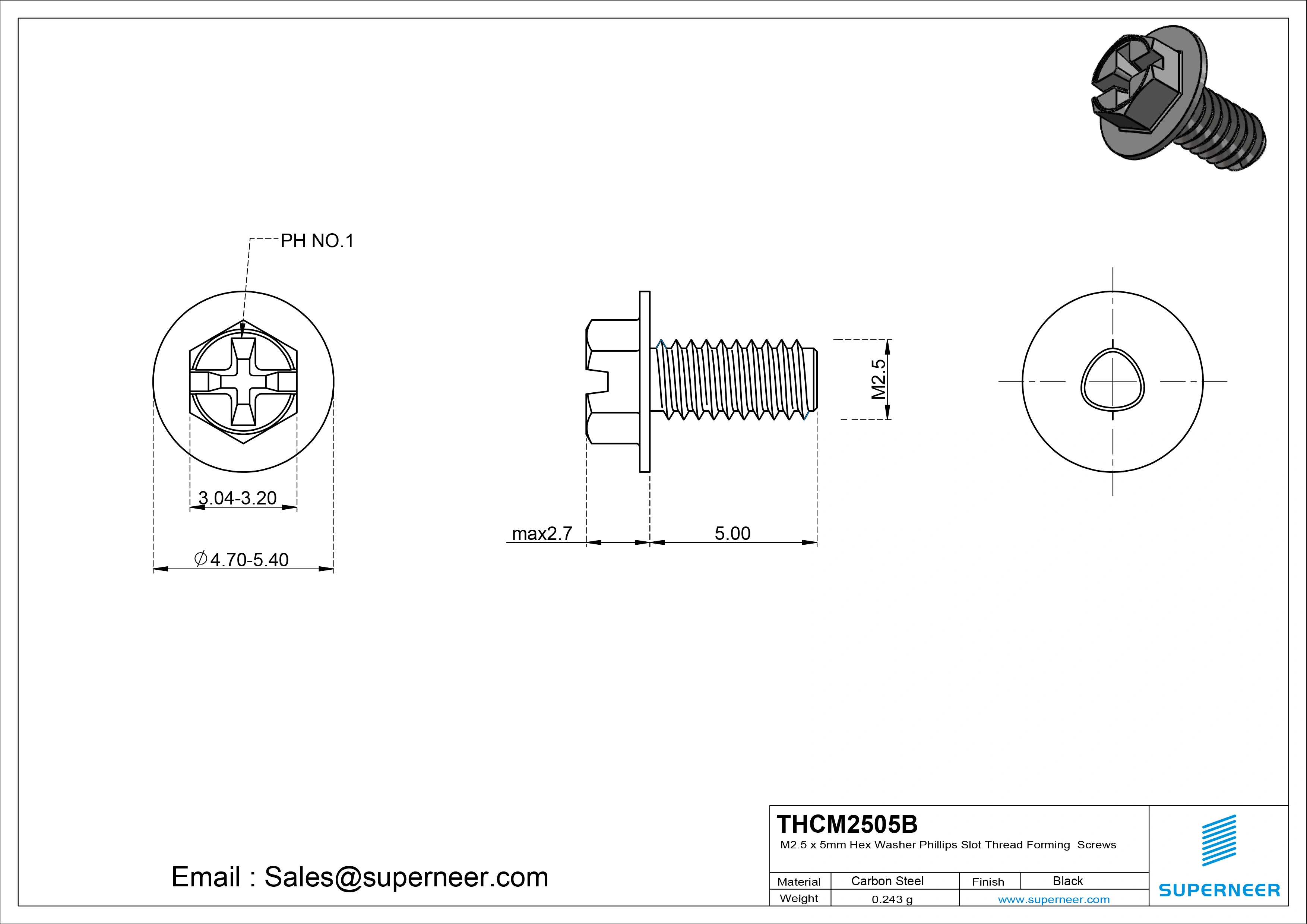 M2.5 × 5mm Indented Hex Washer Phillips Slot Thread Forming Screws for Metal Steel Black