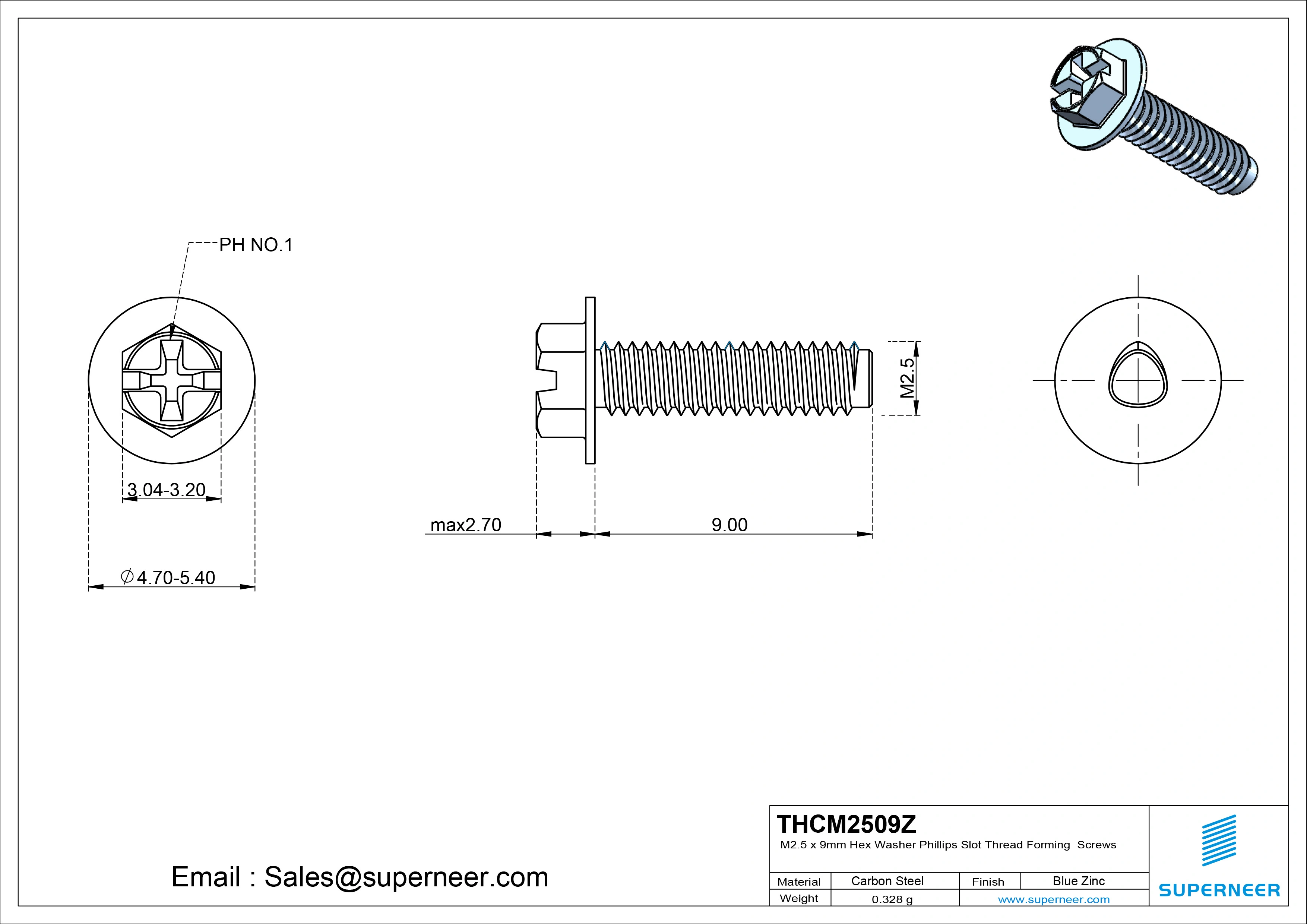 M2.5 × 9mm Indented Hex Washer Phillips Slot Thread Forming Screws for Metal Steel Blue Zinc Plated