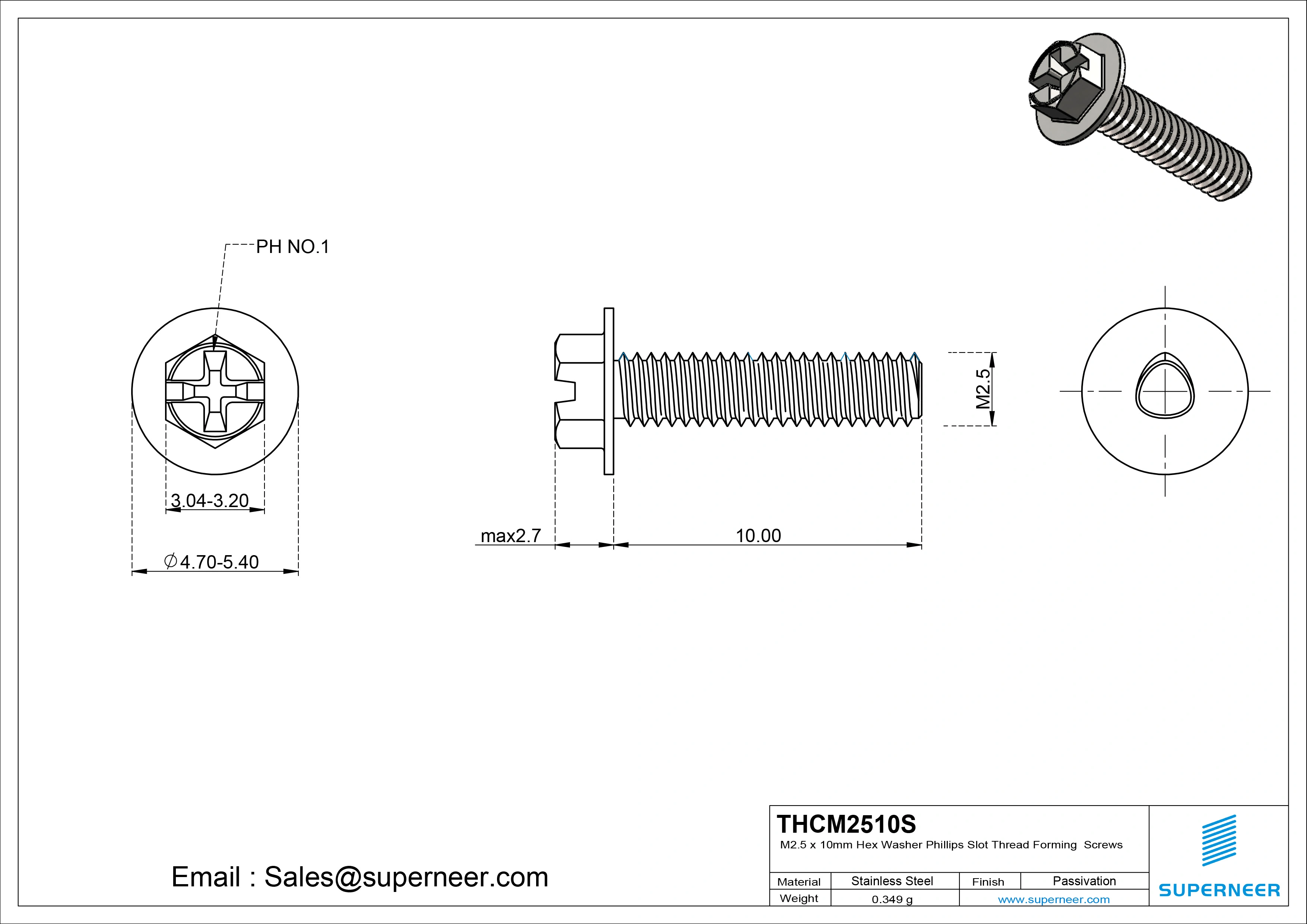 M2.5 × 10mm Indented Hex Washer Phillips Slot Thread Forming Screws for Metal SUS304 Stainless Steel Inox