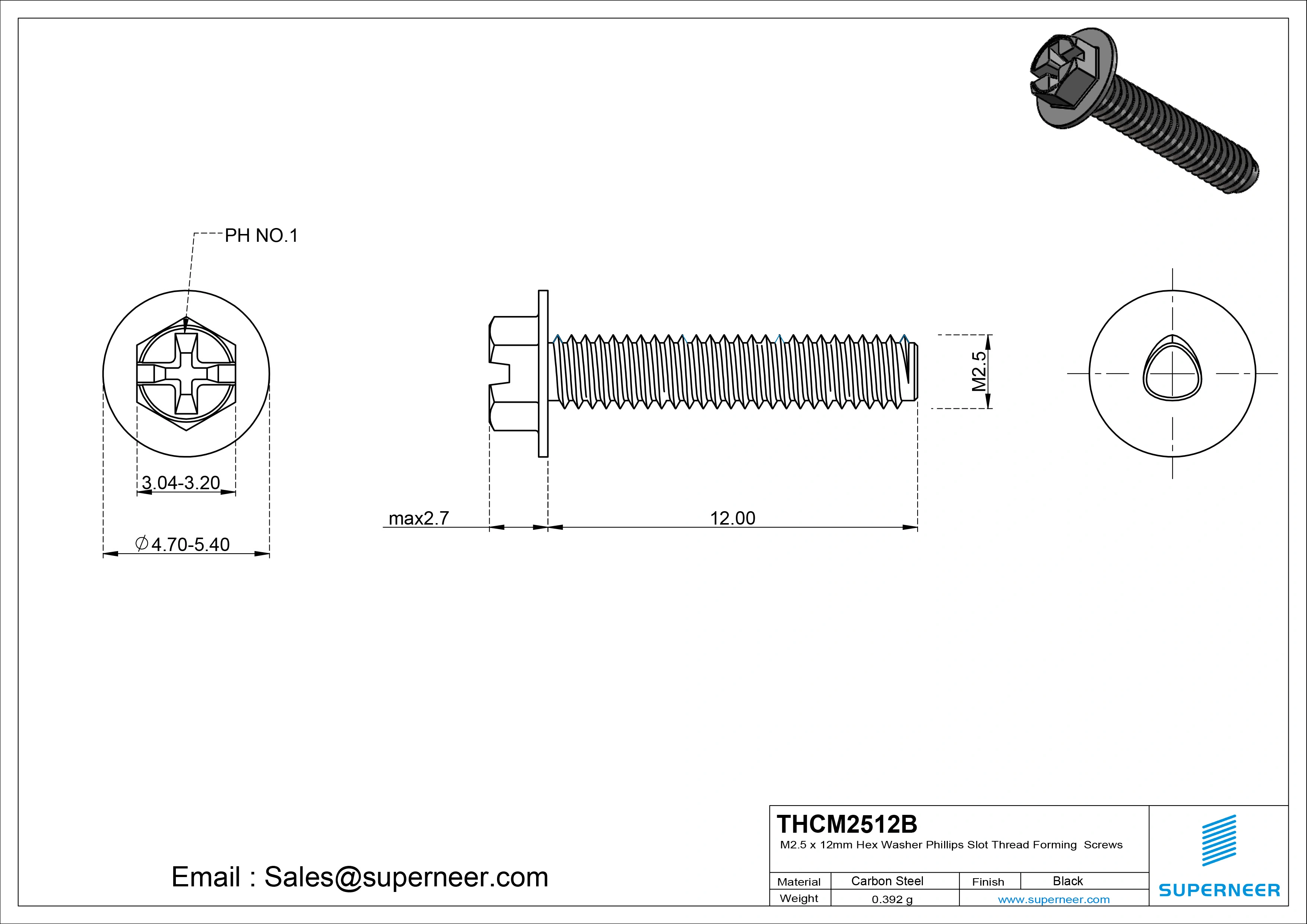 M2.5 × 12mm Indented Hex Washer Phillips Slot Thread Forming Screws for Metal Steel Black