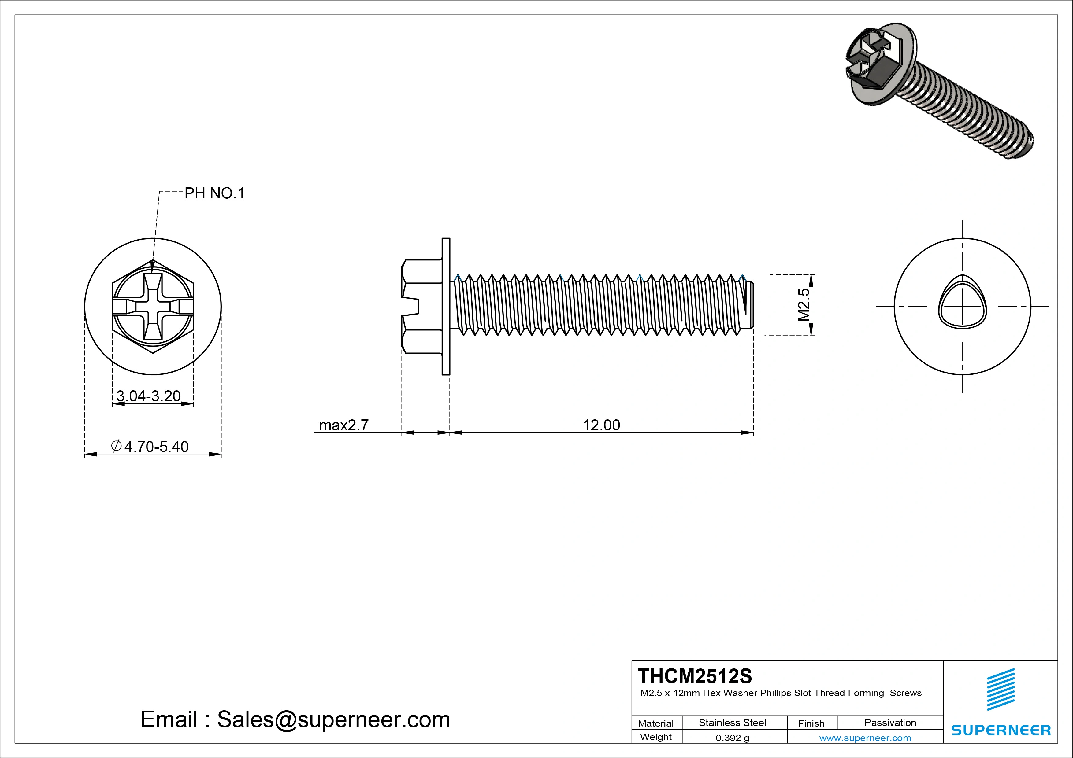 M2.5 × 12mm Indented Hex Washer Phillips Slot Thread Forming Screws for Metal SUS304 Stainless Steel Inox