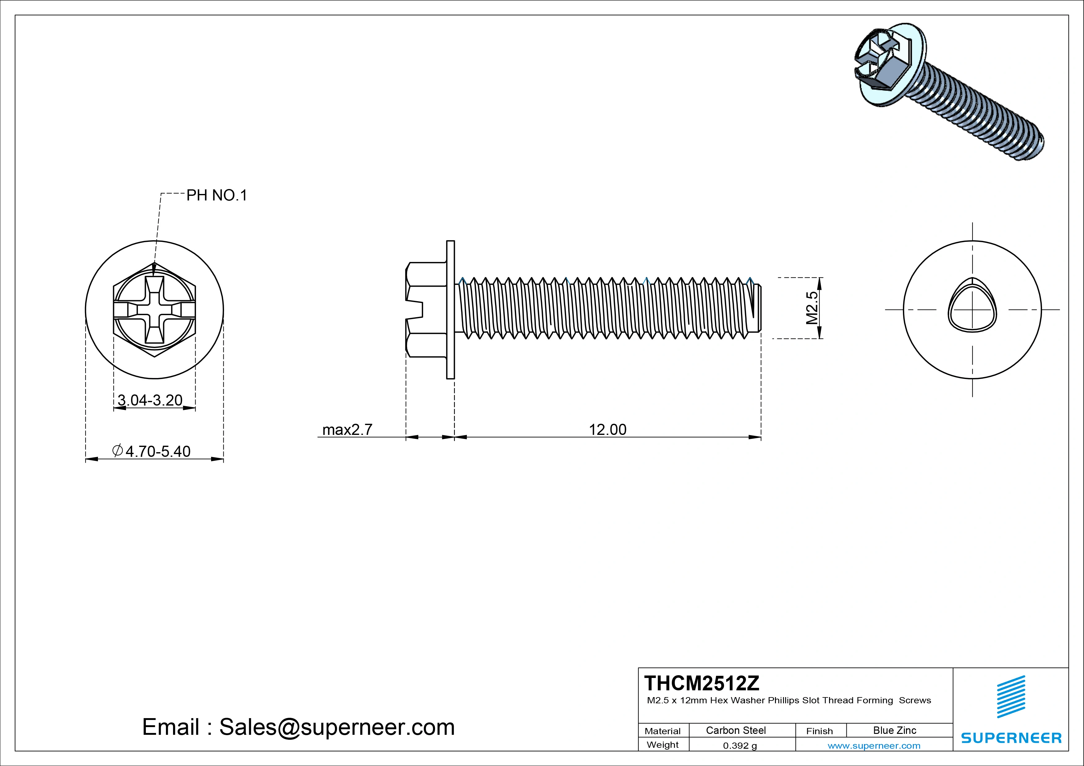 M2.5 × 12mm Indented Hex Washer Phillips Slot Thread Forming Screws for Metal Steel Blue Zinc Plated