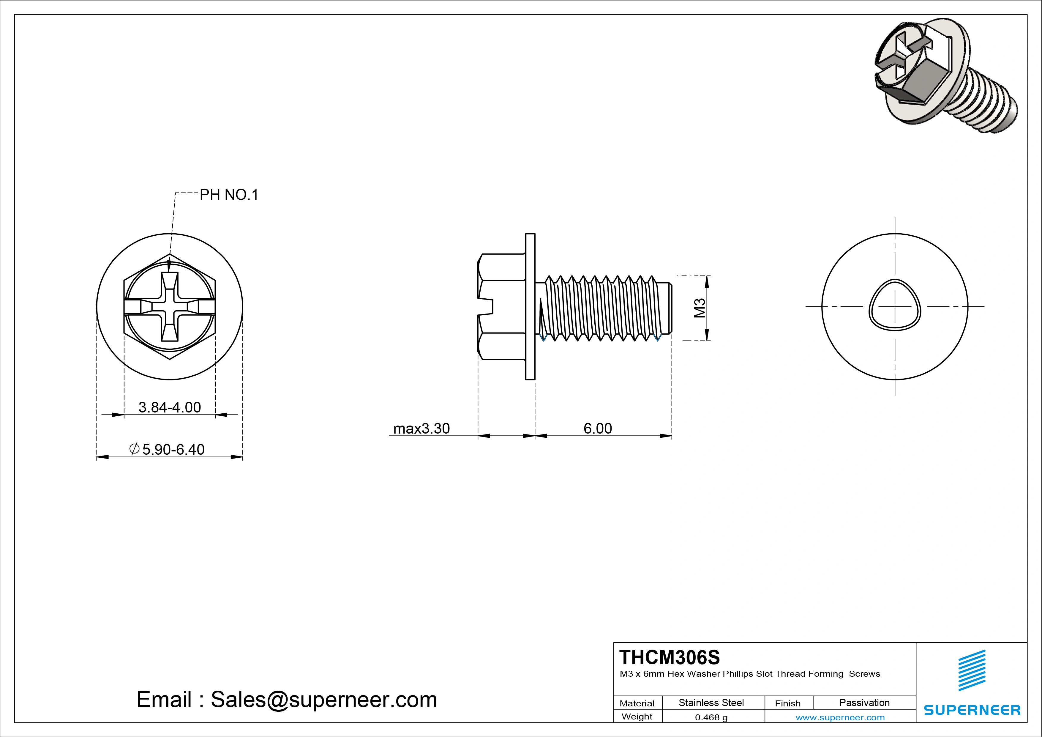 M3 × 6mm Indented Hex Washer Phillips Slot Thread Forming Screws for Metal SUS304 Stainless Steel Inox