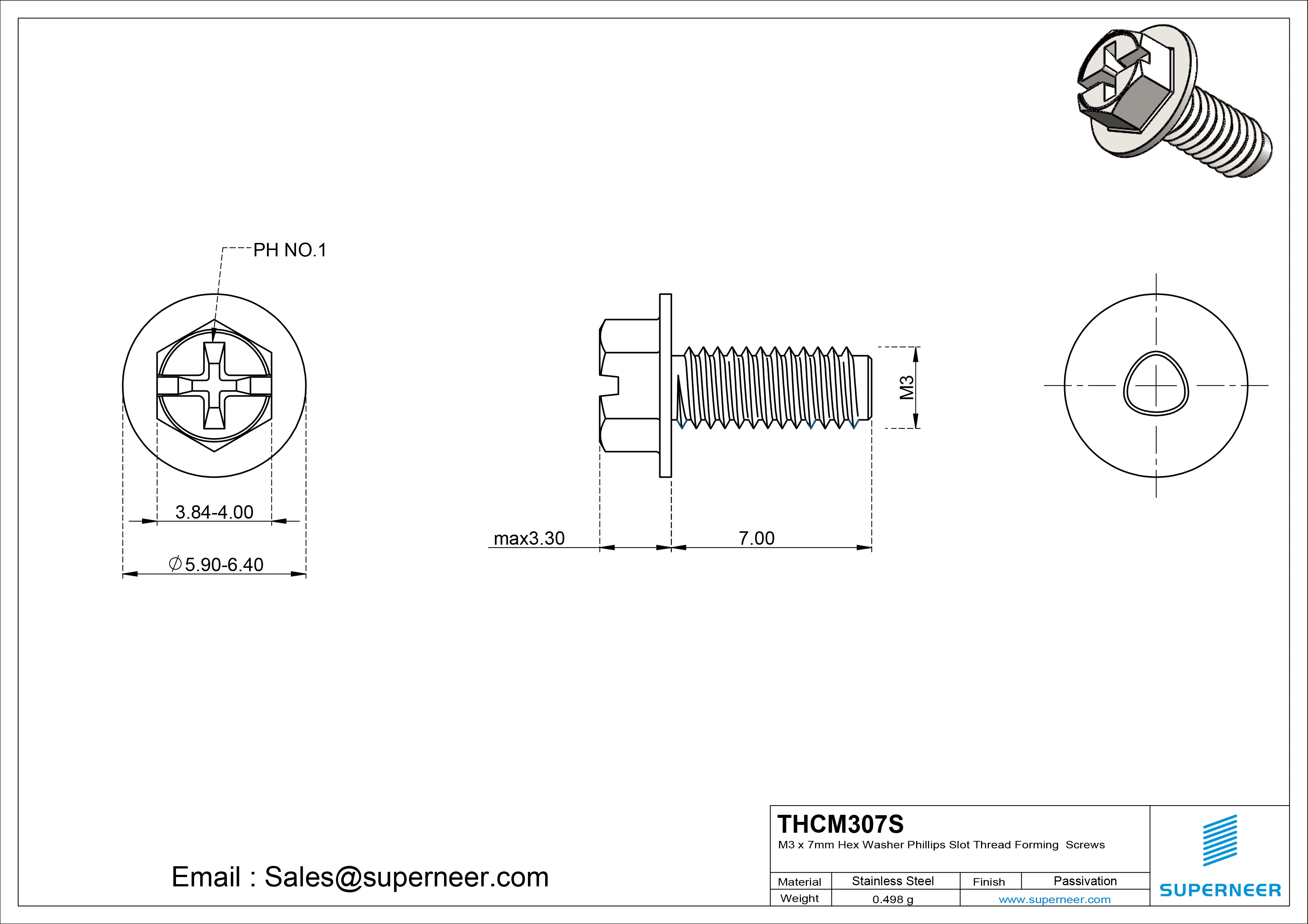 M3 × 7mm Indented Hex Washer Phillips Slot Thread Forming Screws for Metal SUS304 Stainless Steel Inox