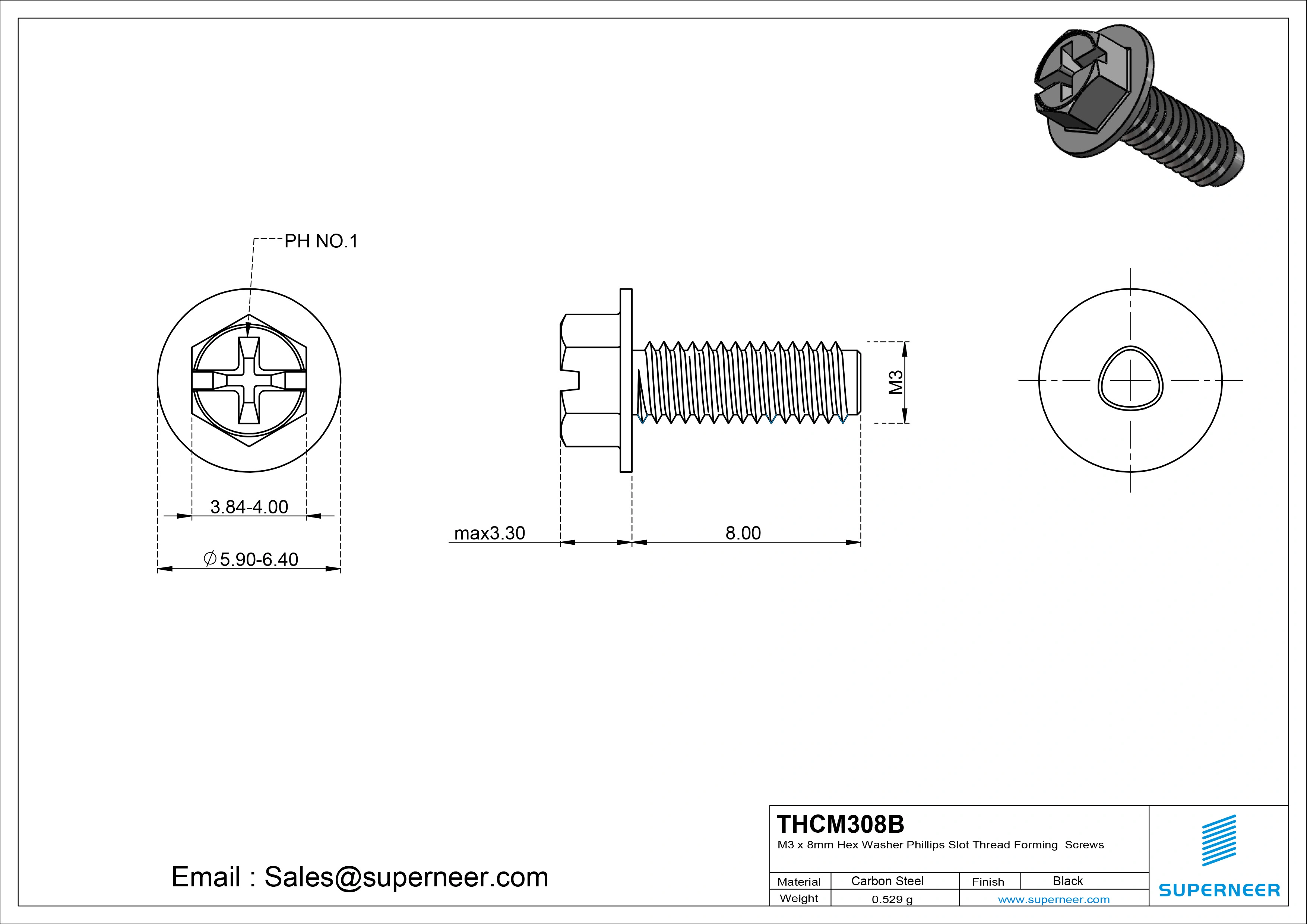 M3 × 8mm Indented Hex Washer Phillips Slot Thread Forming Screws for Metal Steel Black