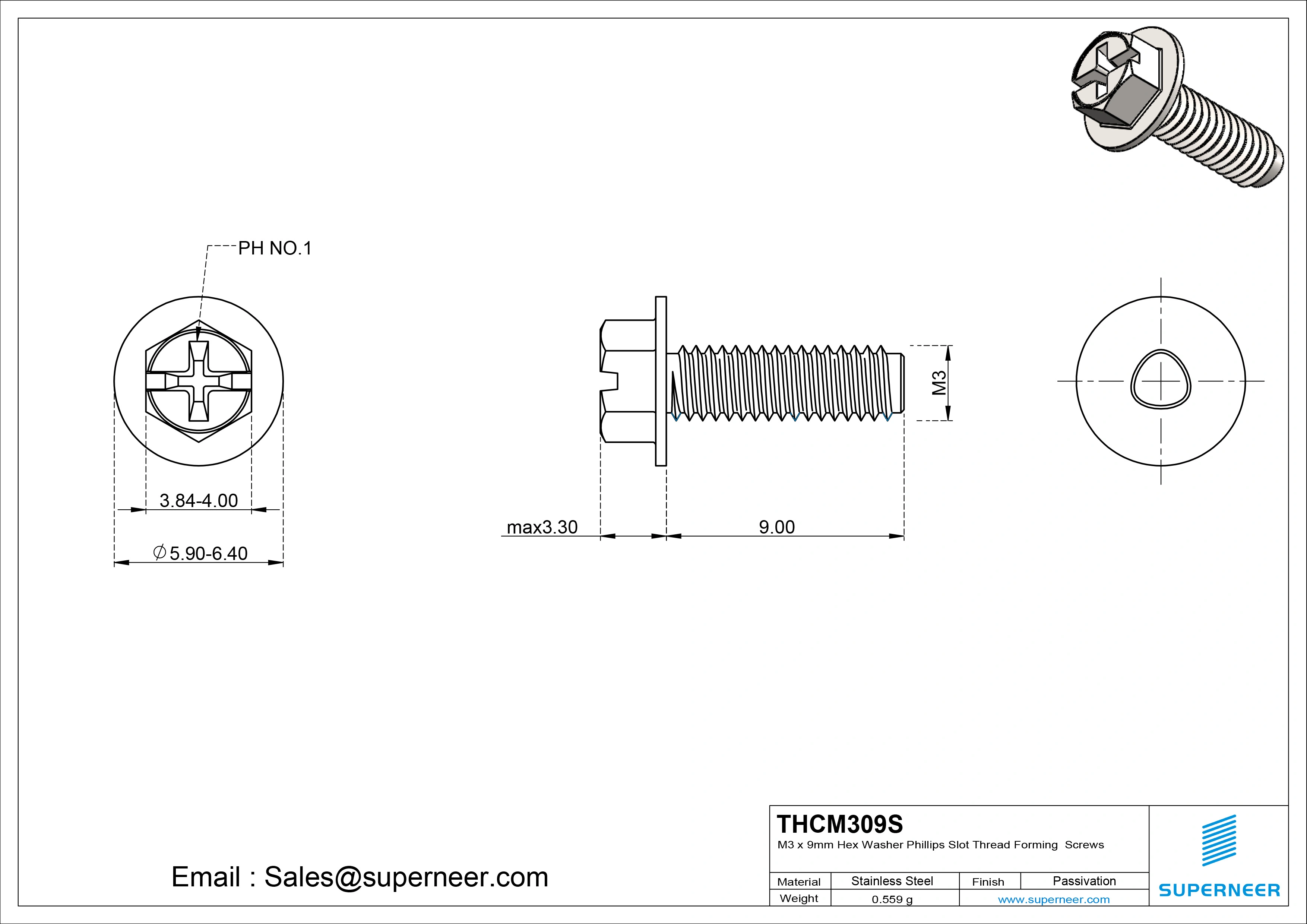 M3 × 9mm Indented Hex Washer Phillips Slot Thread Forming Screws for Metal SUS304 Stainless Steel Inox