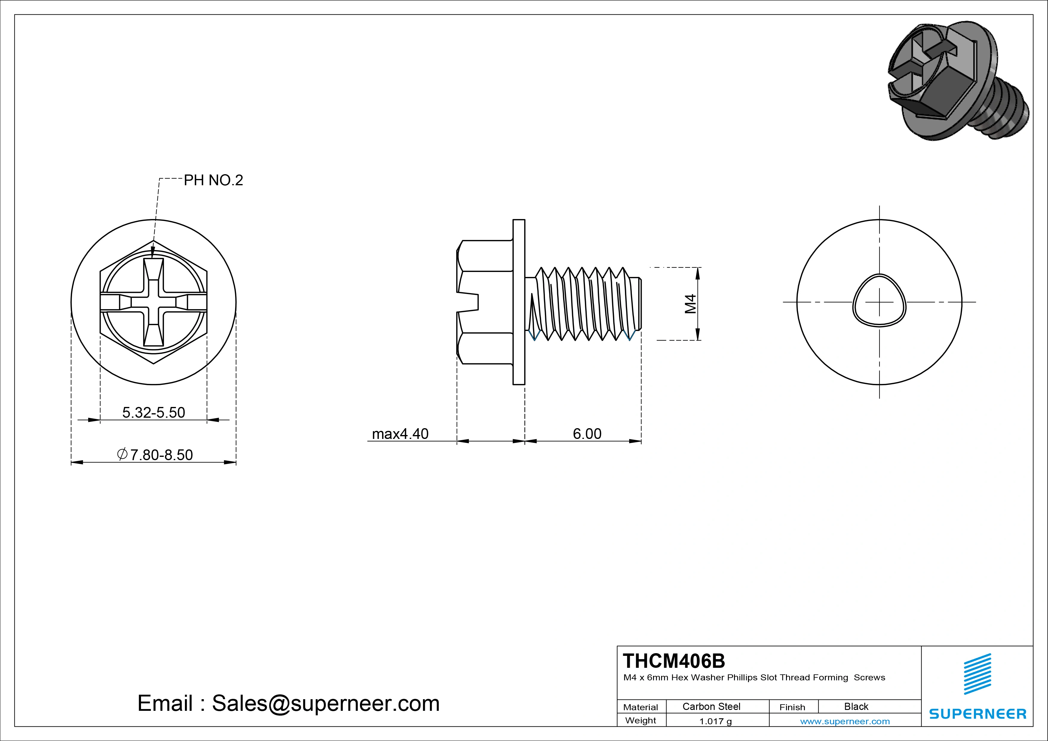 M4 × 6mm Indented Hex Washer Phillips Slot Thread Forming Screws for Metal Steel Black