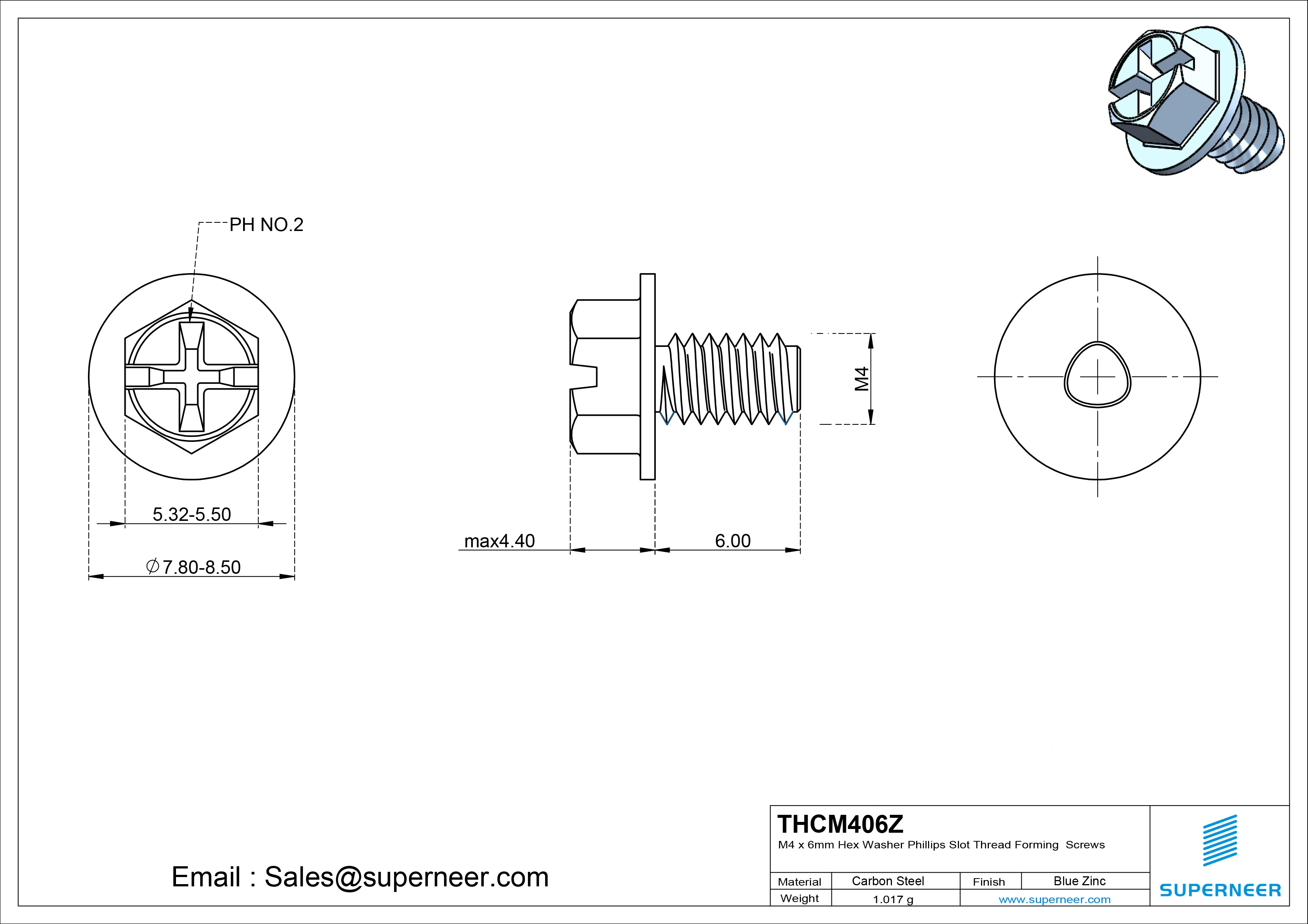 M4 × 6mm Indented Hex Washer Phillips Slot Thread Forming Screws for Metal Steel Blue Zinc Plated