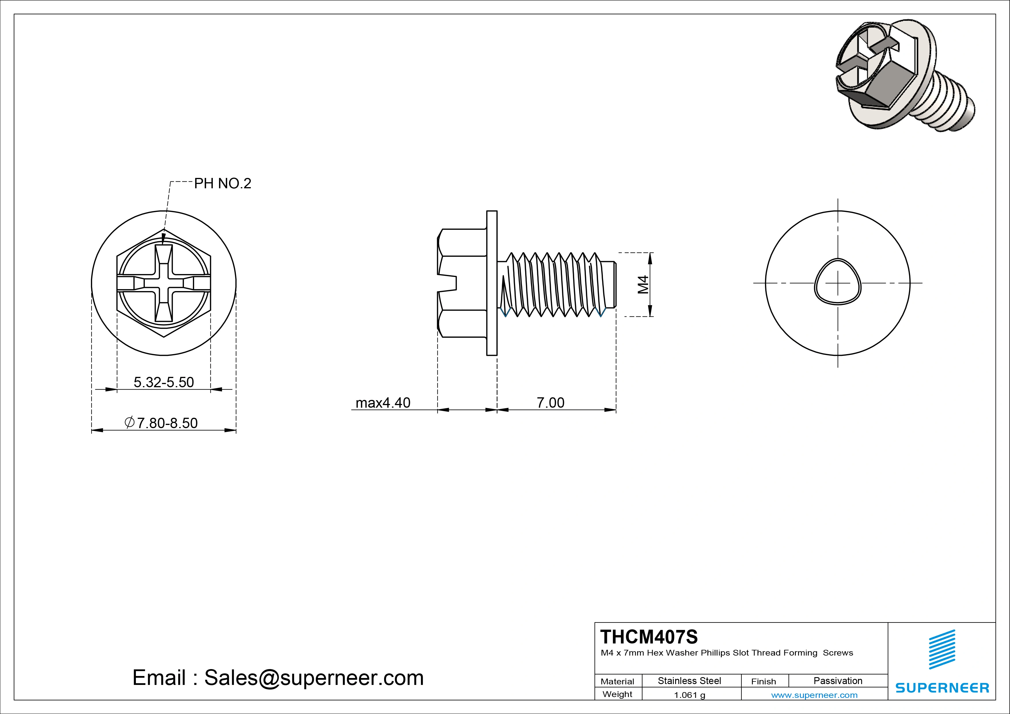 M4 × 7mm Indented Hex Washer Phillips Slot Thread Forming Screws for Metal SUS304 Stainless Steel Inox