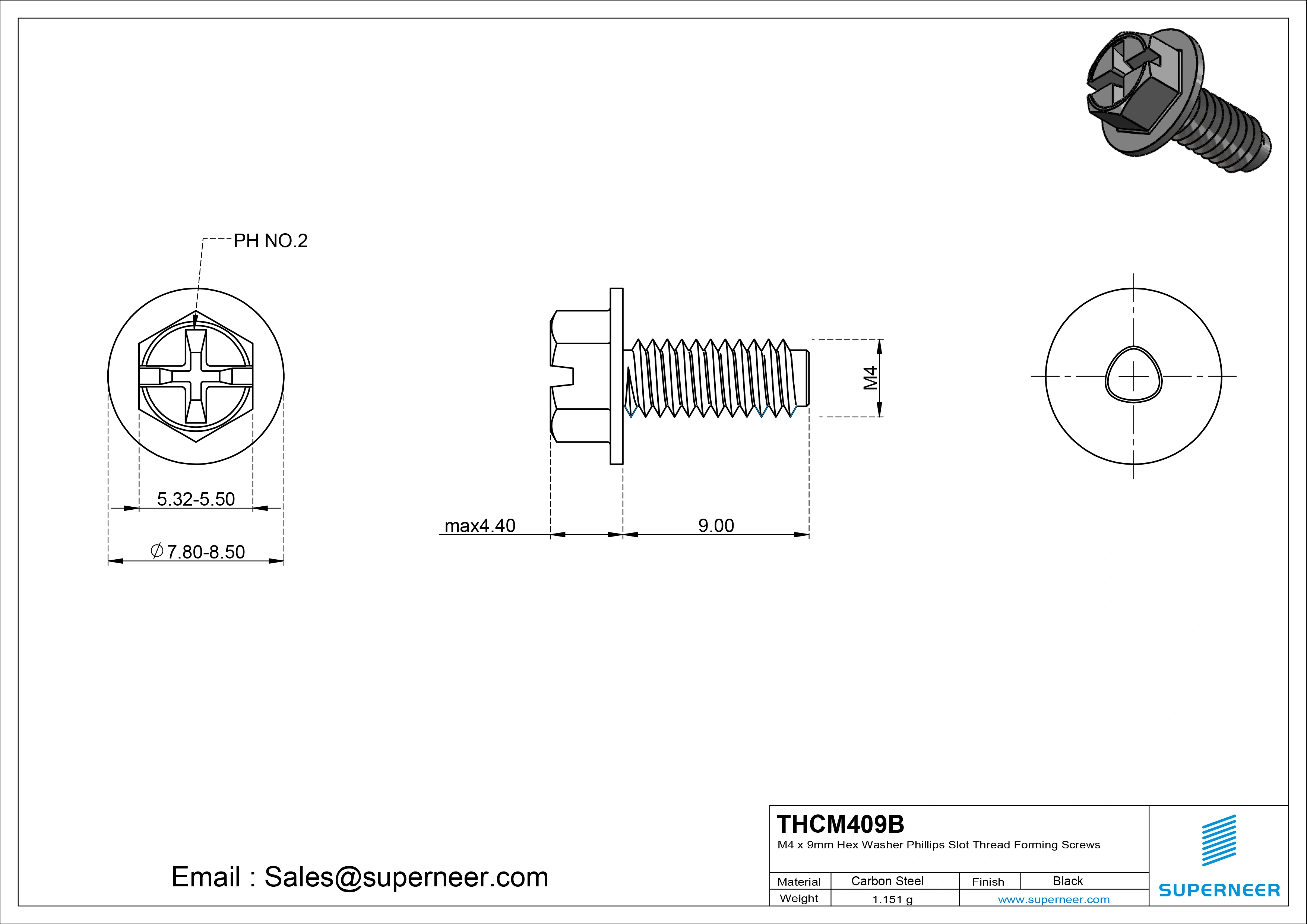 M4 × 9mm Indented Hex Washer Phillips Slot Thread Forming Screws for Metal Steel Black