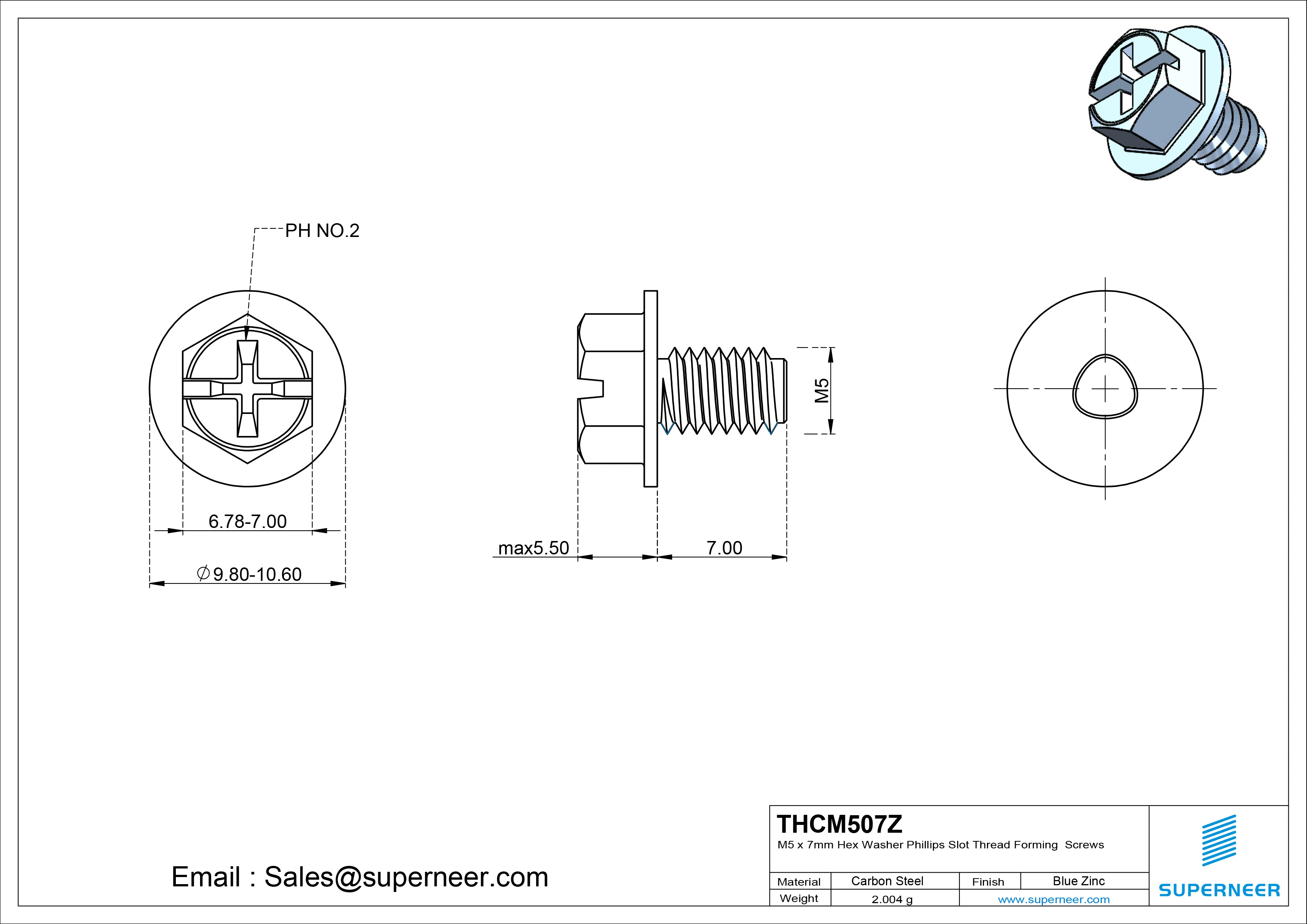 M5 × 7mm Indented Hex Washer Phillips Slot Thread Forming Screws for Metal Steel Blue Zinc Plated