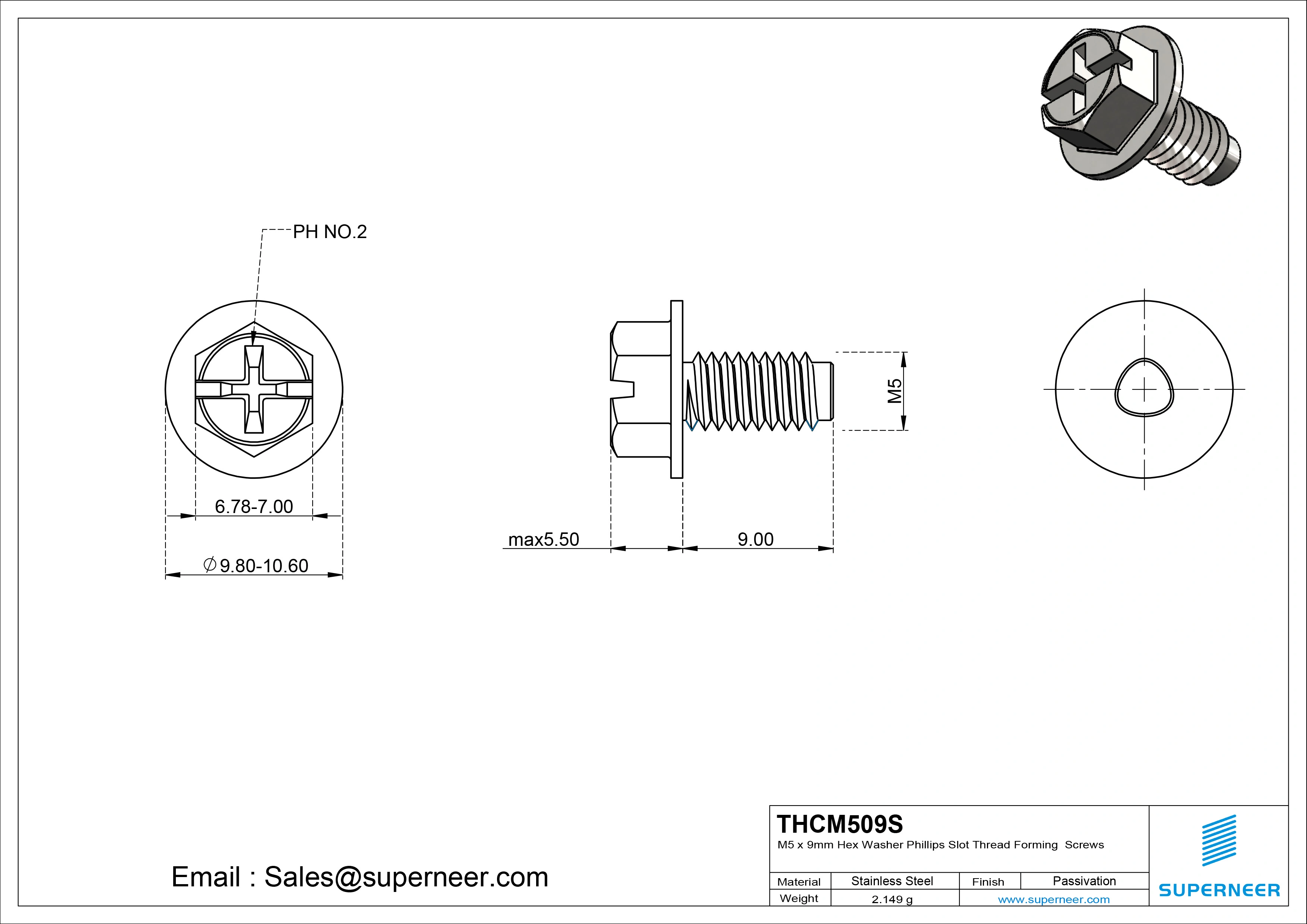 M5 × 9mm Indented Hex Washer Phillips Slot Thread Forming Screws for Metal SUS304 Stainless Steel Inox