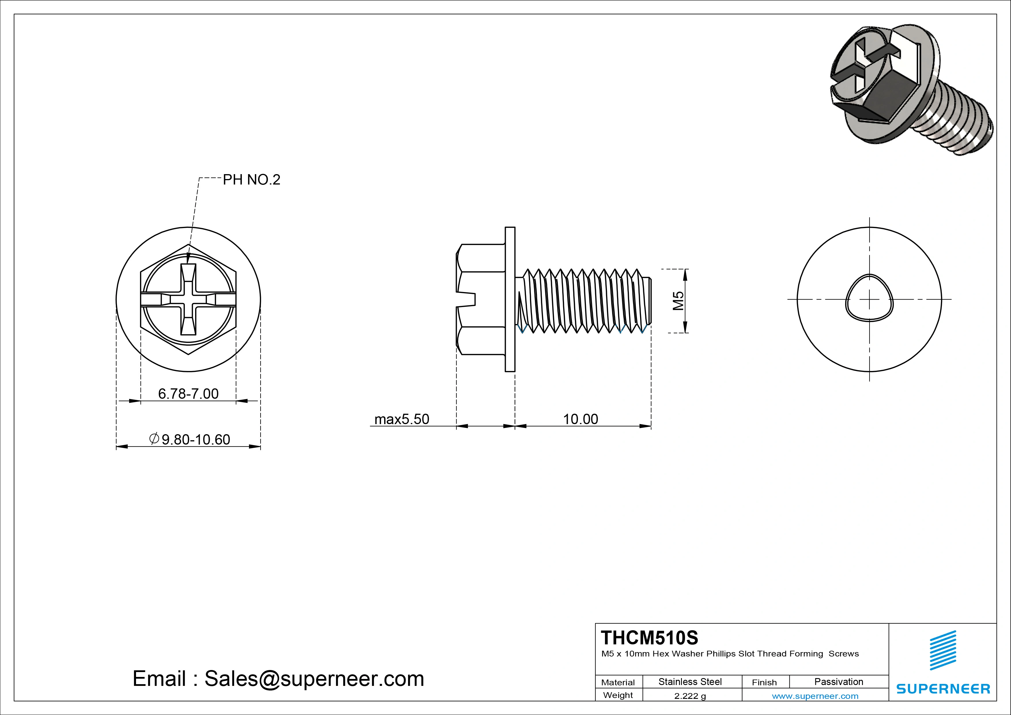 M5 × 10mm Indented Hex Washer Phillips Slot Thread Forming Screws for Metal SUS304 Stainless Steel Inox