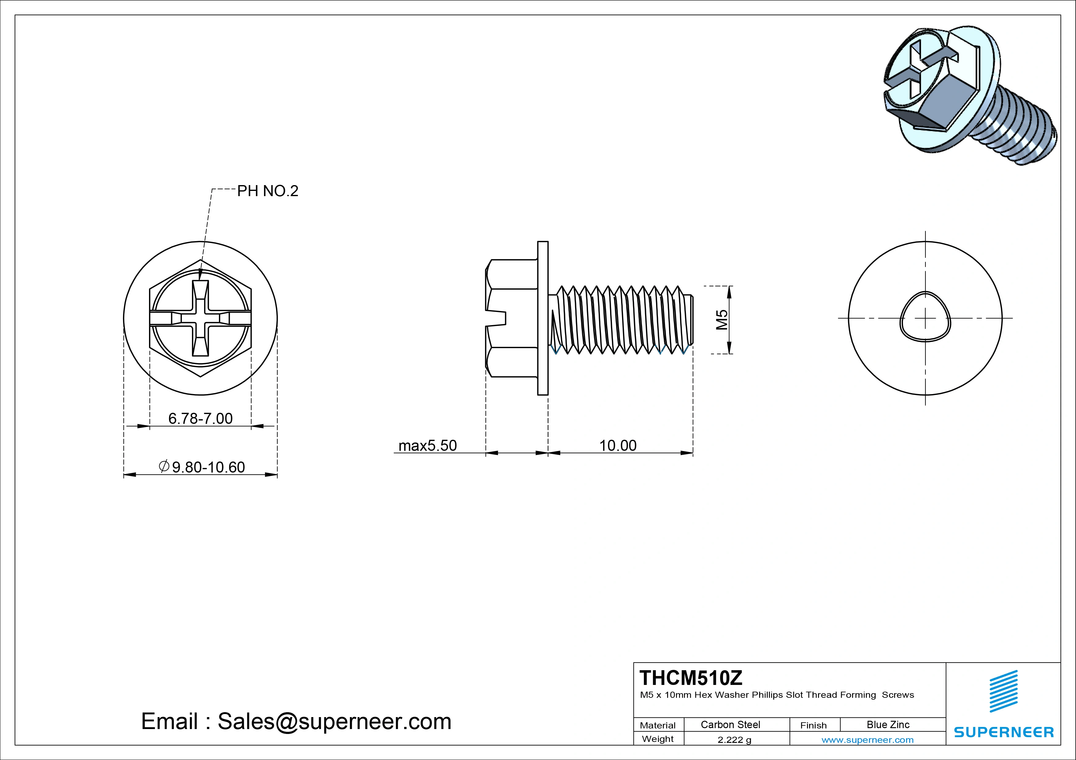 M5 × 10mm Indented Hex Washer Phillips Slot Thread Forming Screws for Metal Steel Blue Zinc Plated