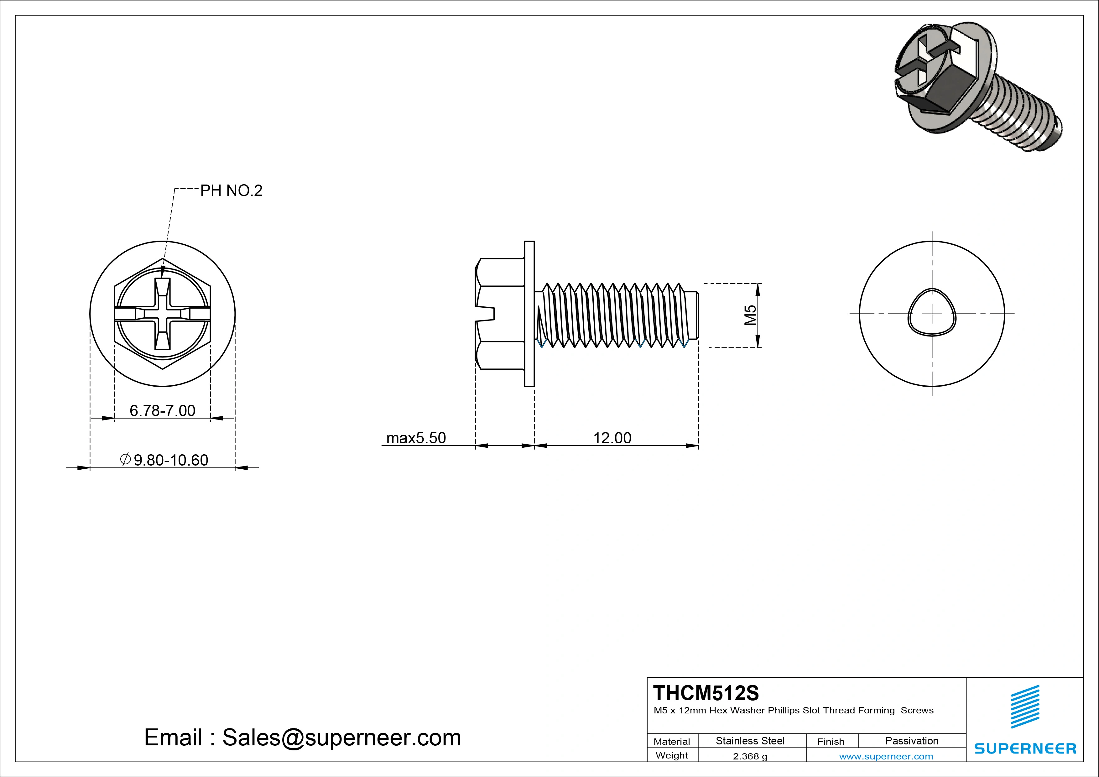 M5 × 12mm Indented Hex Washer Phillips Slot Thread Forming Screws for Metal SUS304 Stainless Steel Inox