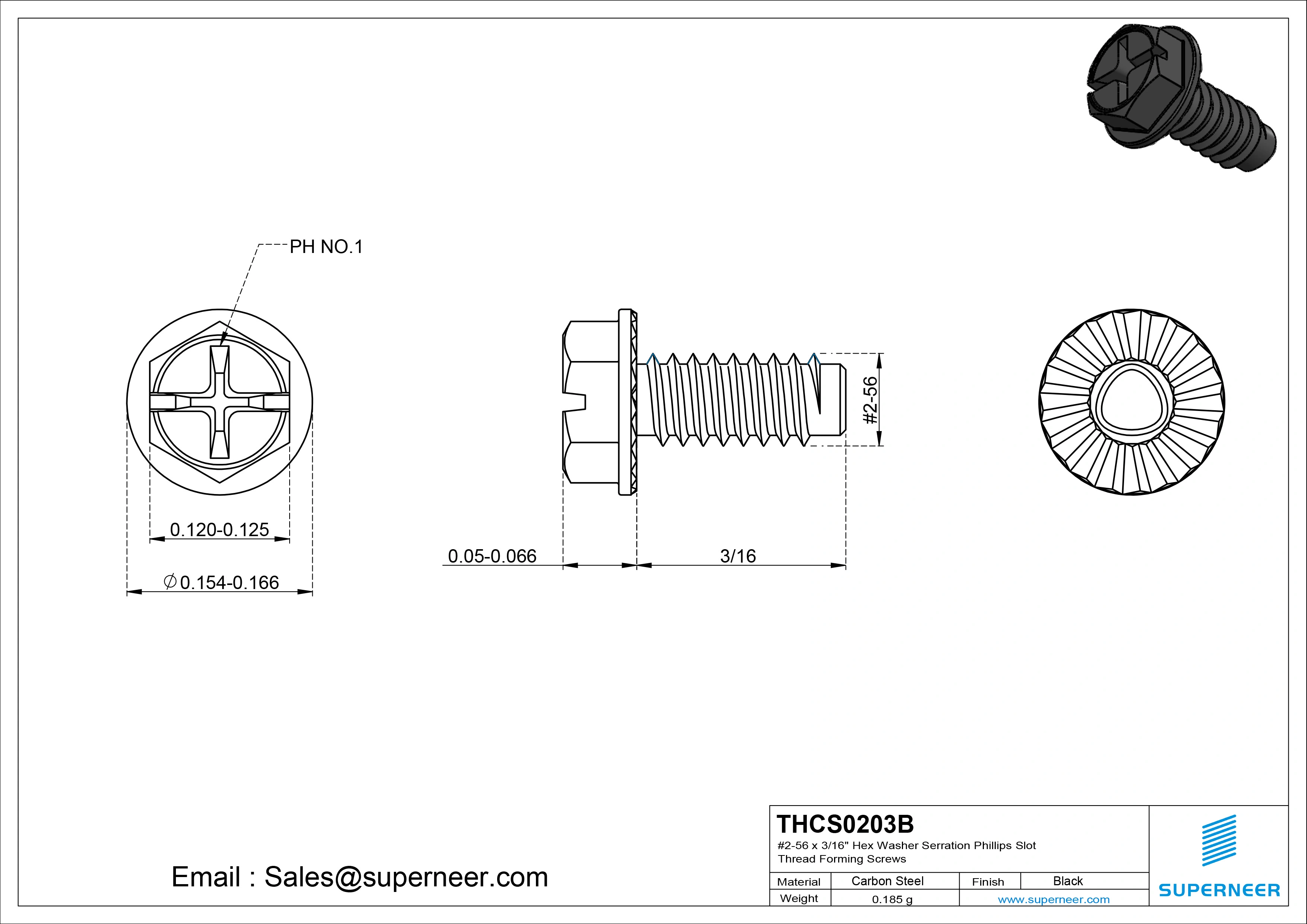 2-56 × 3/16 Hex Washer Serration Phillips Slot Thread Forming  Screws for Metal  Steel Black