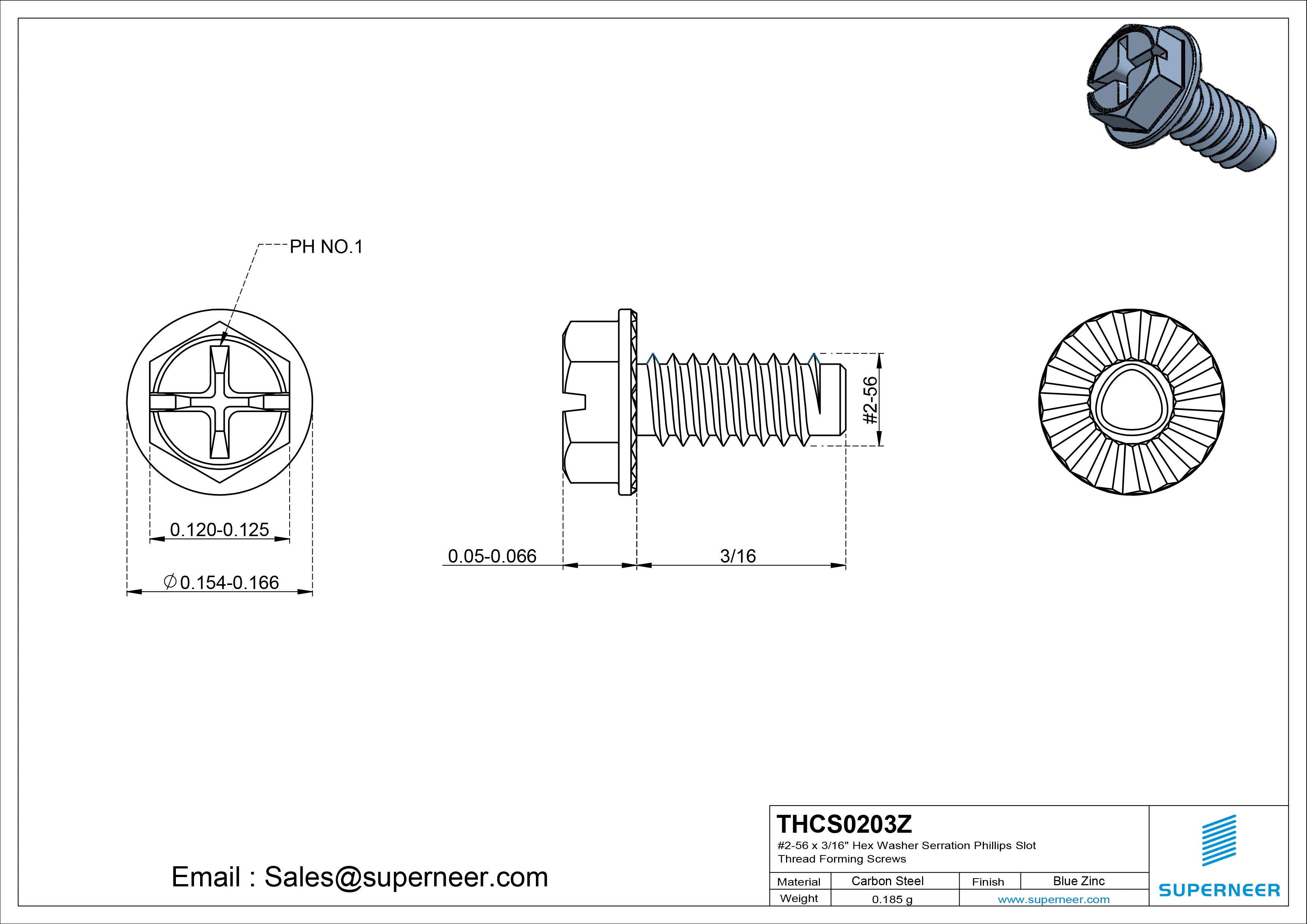 2-56 × 3/16 Hex Washer Serration Phillips Slot Thread Forming  Screws for Metal  Steel Blue Zinc Plated