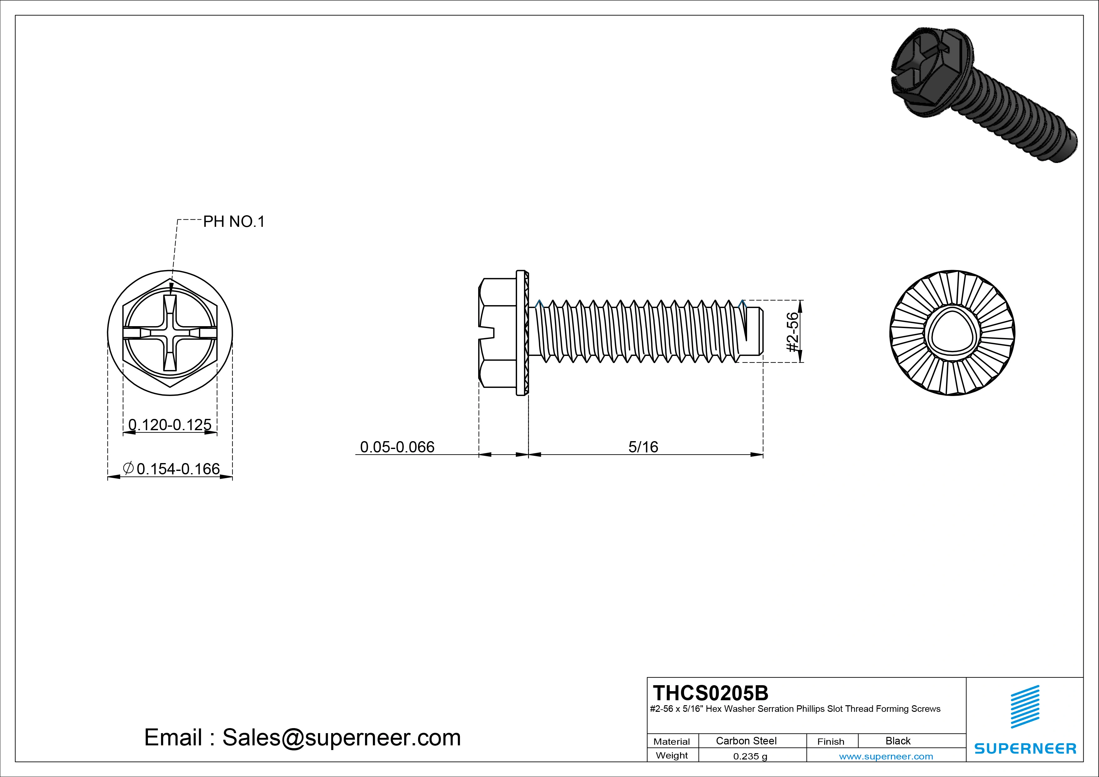 2-56 × 5/16 Hex Washer Serration Phillips Slot Thread Forming  Screws for Metal  Steel Black