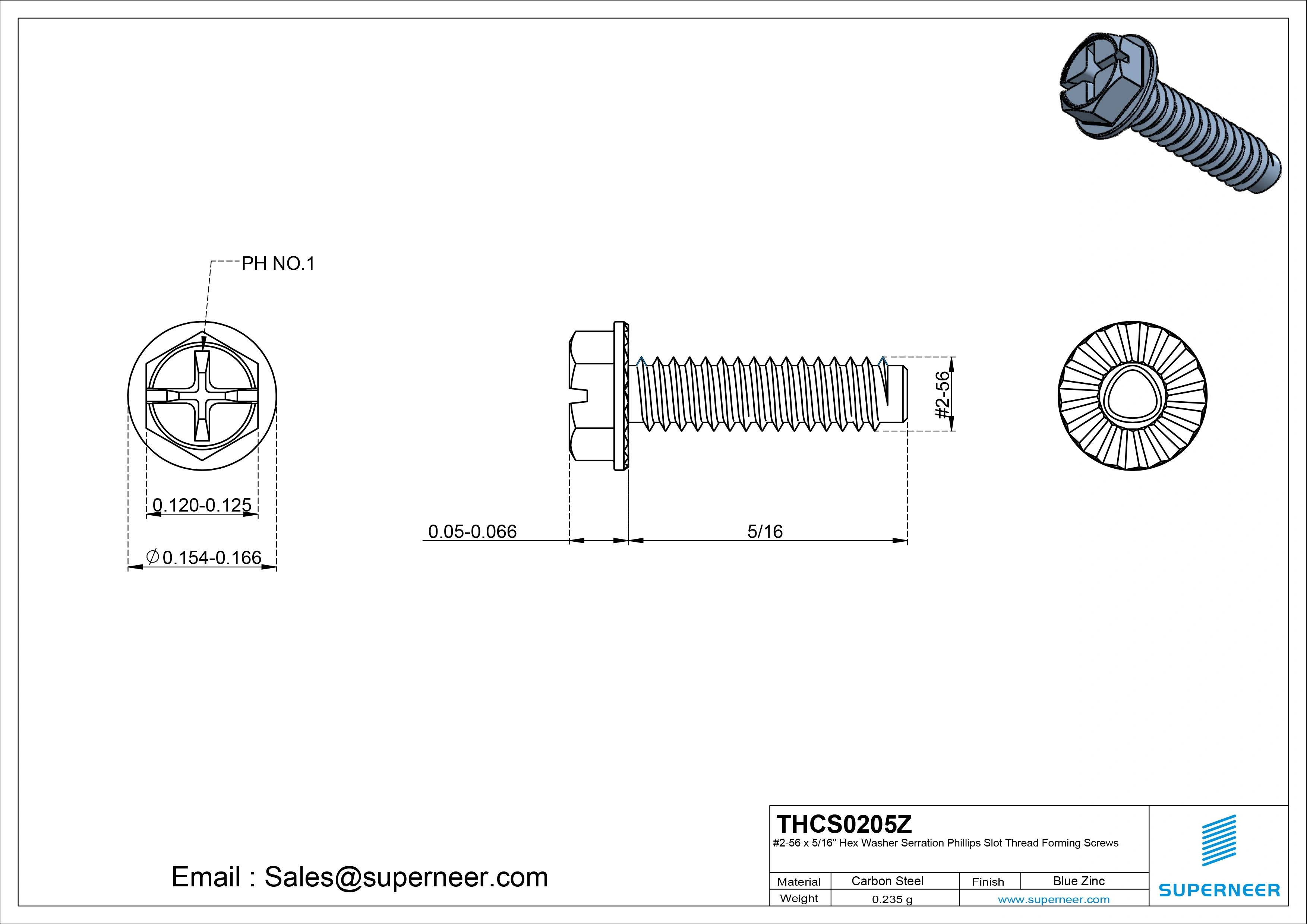 2-56 × 5/16 Hex Washer Serration Phillips Slot Thread Forming  Screws for Metal  Steel Blue Zinc Plated