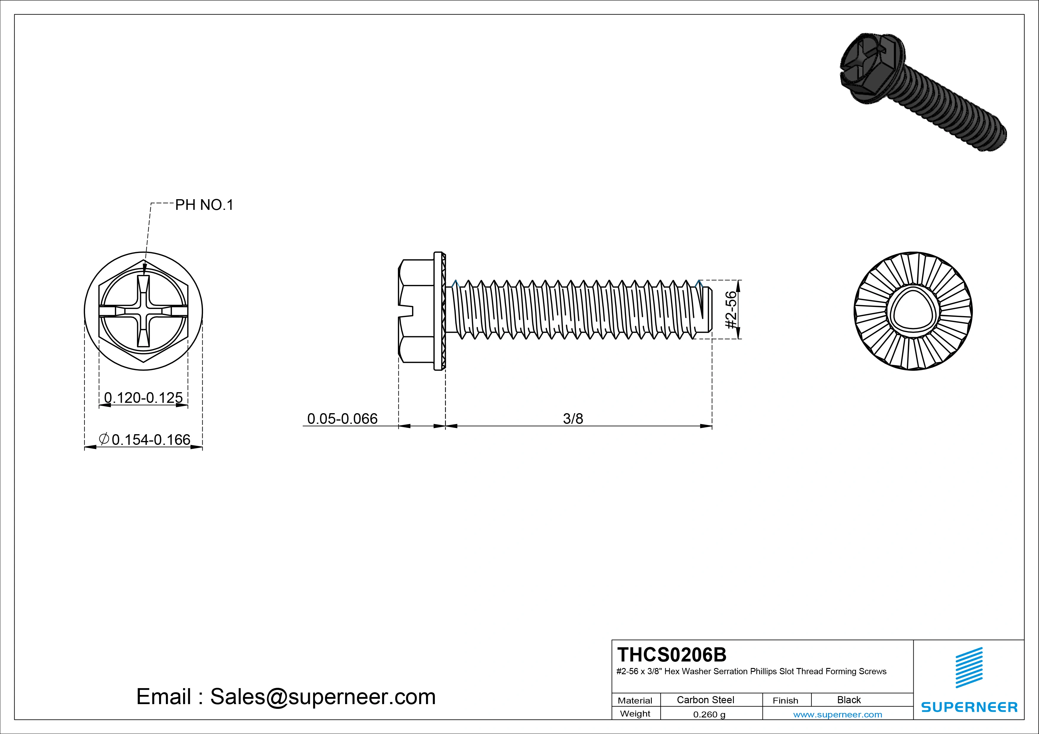 2-56 × 3/8 Hex Washer Serration Phillips Slot Thread Forming  Screws for Metal  Steel Black