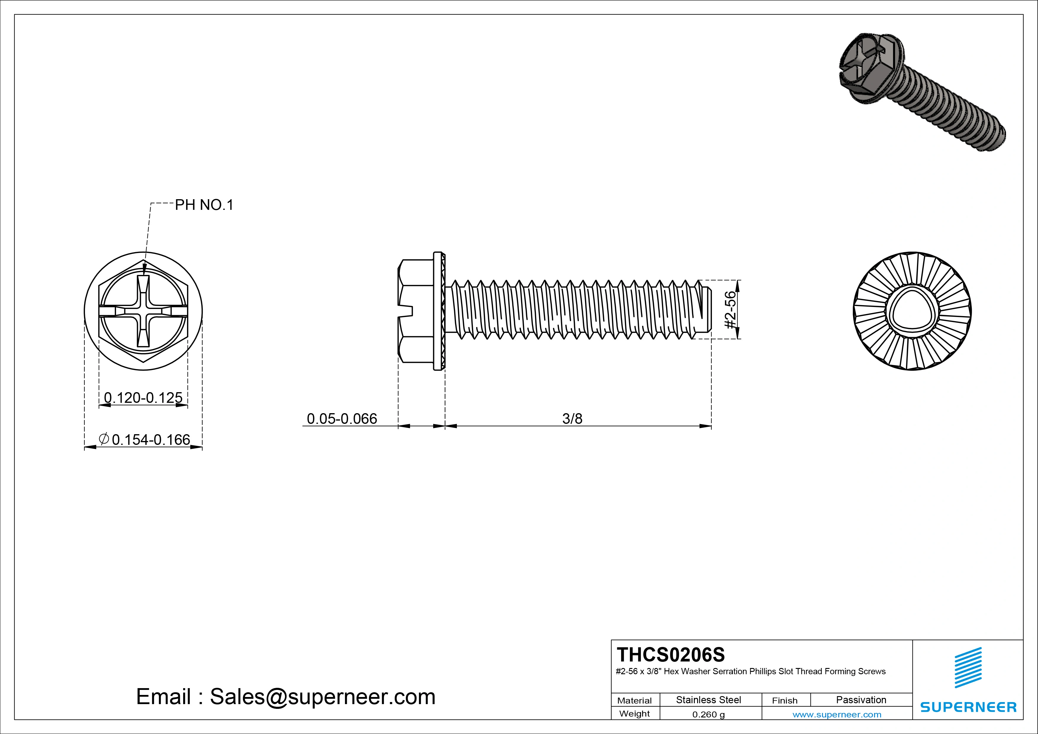 2-56 × 3/8 Hex Washer Serration Phillips Slot Thread Forming  Screws for Metal  SUS304 Stainless Steel Inox