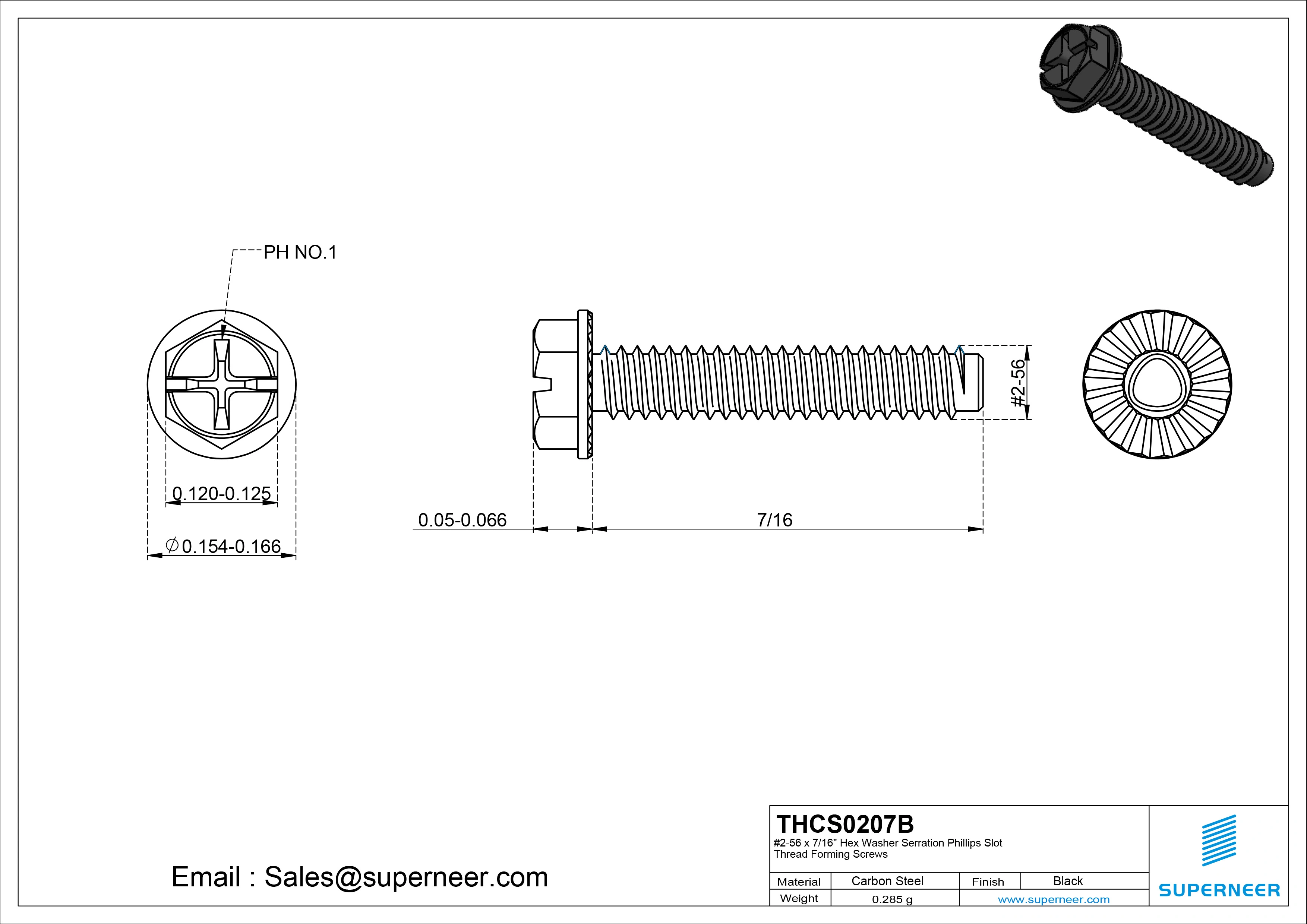 2-56 × 7/16 Hex Washer Serration Phillips Slot Thread Forming  Screws for Metal  Steel Black
