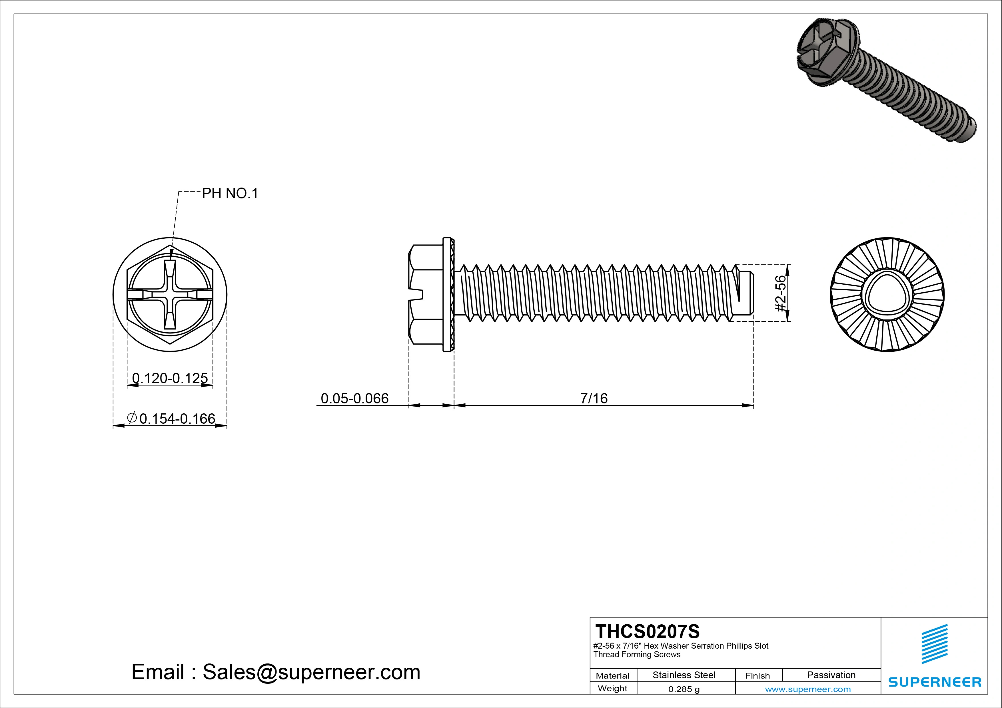 2-56 × 7/16 Hex Washer Serration Phillips Slot Thread Forming  Screws for Metal  SUS304 Stainless Steel Inox