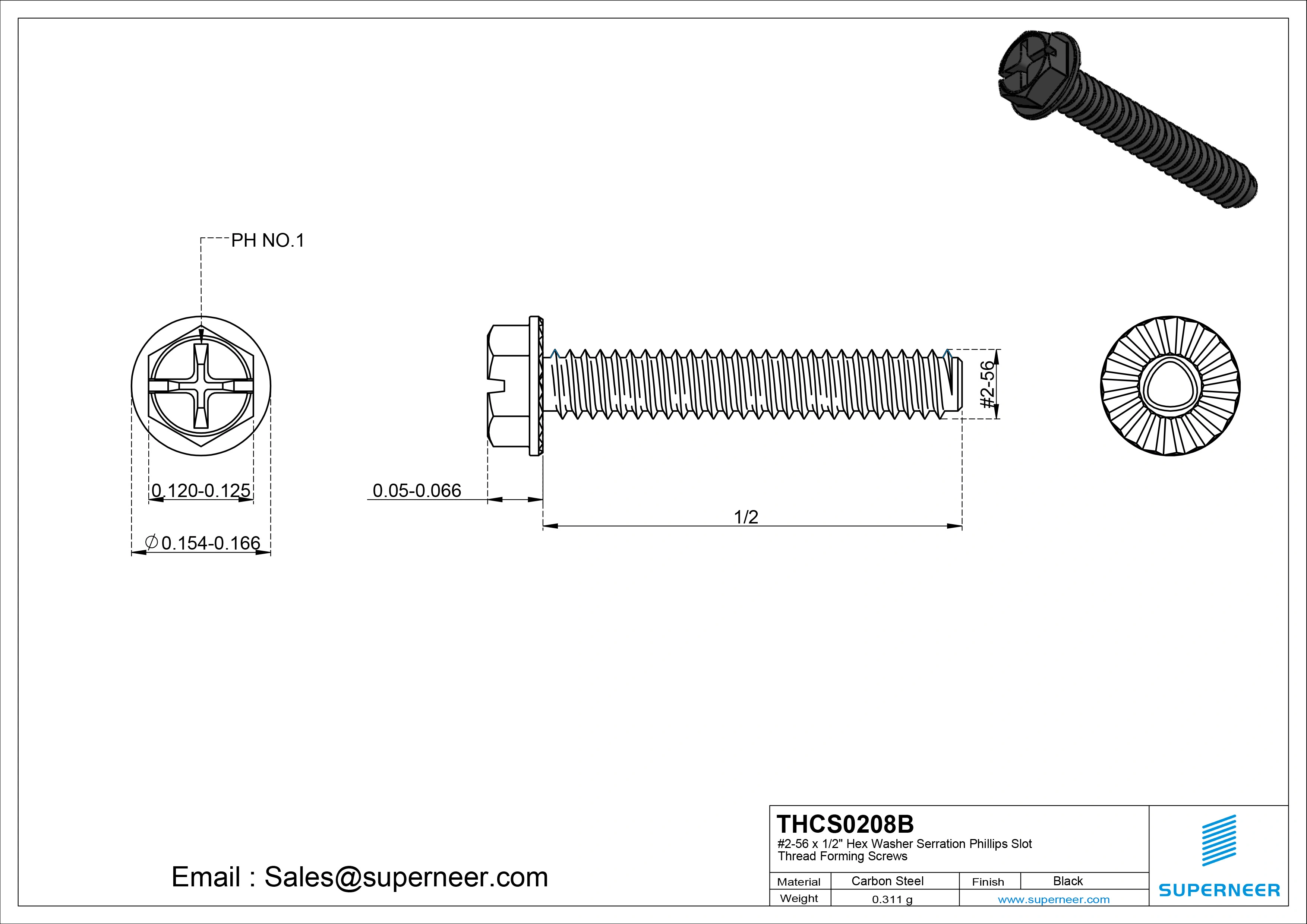 2-56 × 1/2 Hex Washer Serration Phillips Slot Thread Forming  Screws for Metal  Steel Black