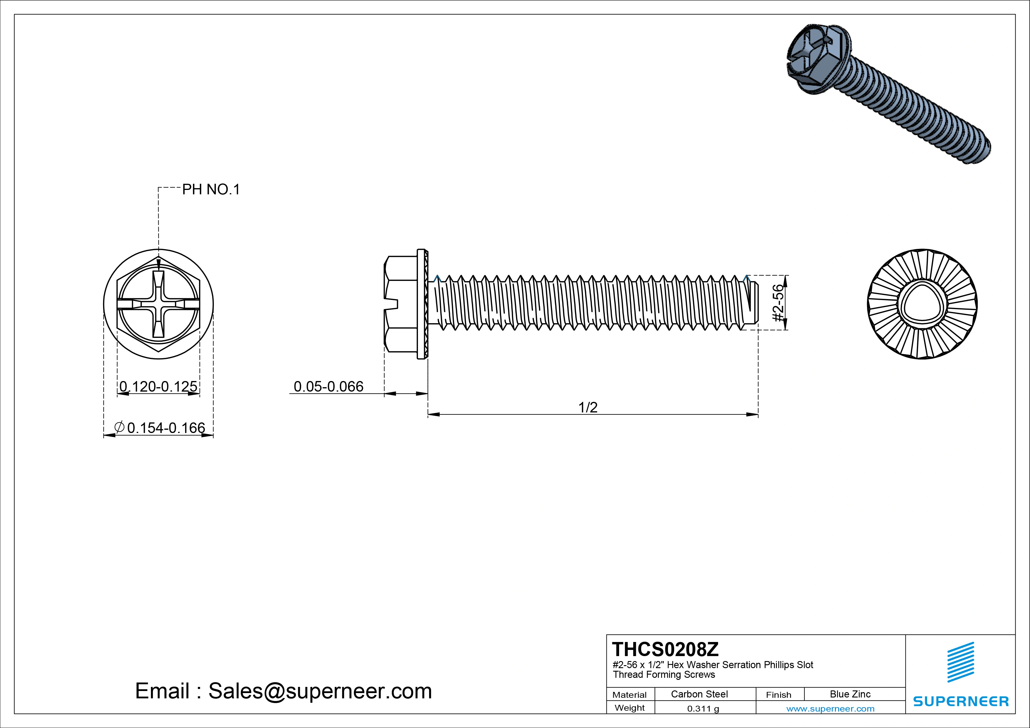 2-56 × 1/2 Hex Washer Serration Phillips Slot Thread Forming  Screws for Metal  Steel Blue Zinc Plated