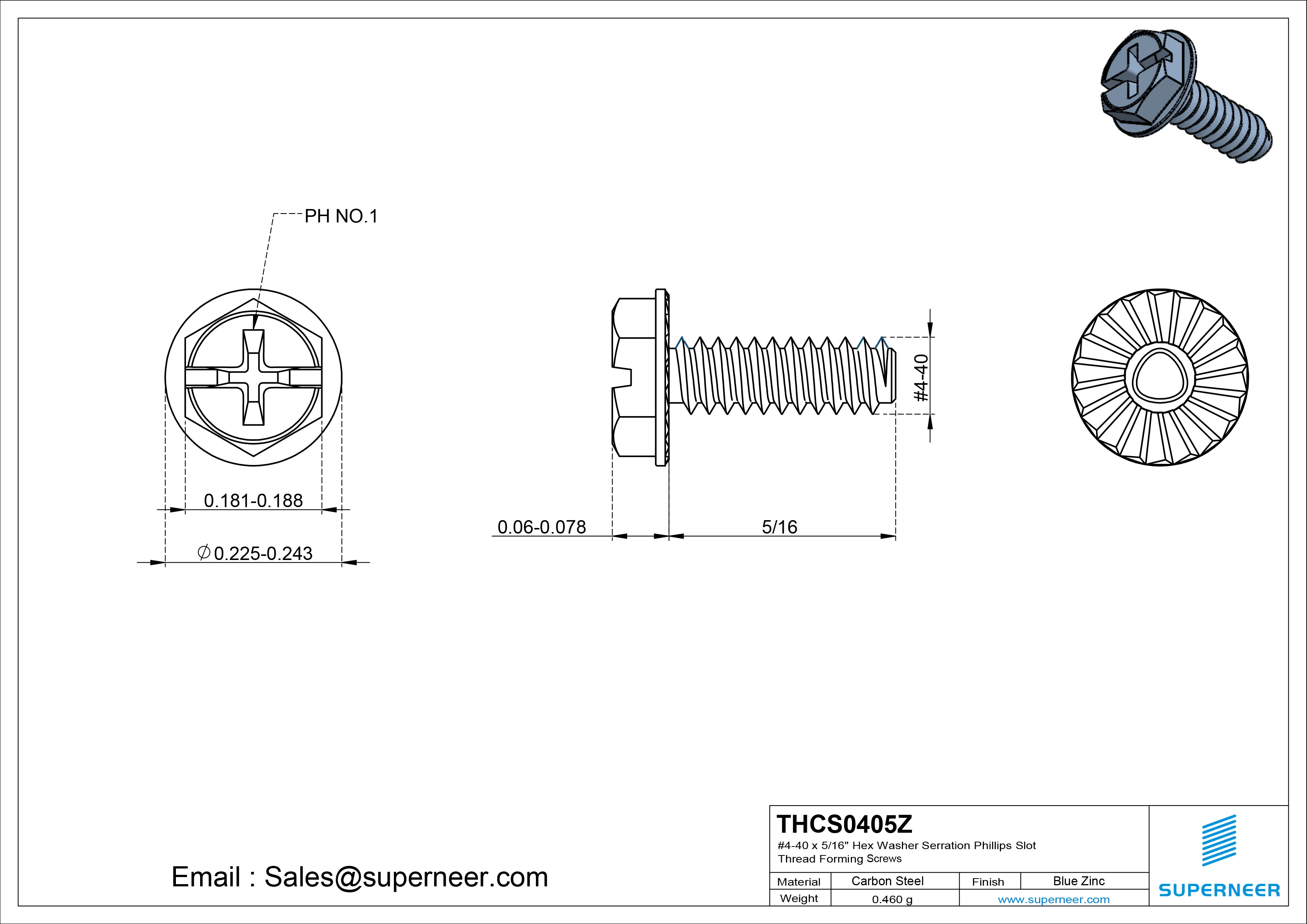 4-40 × 5/16 Hex Washer Serration Phillips Slot Thread Forming  Screws for Metal  Steel Blue Zinc Plated