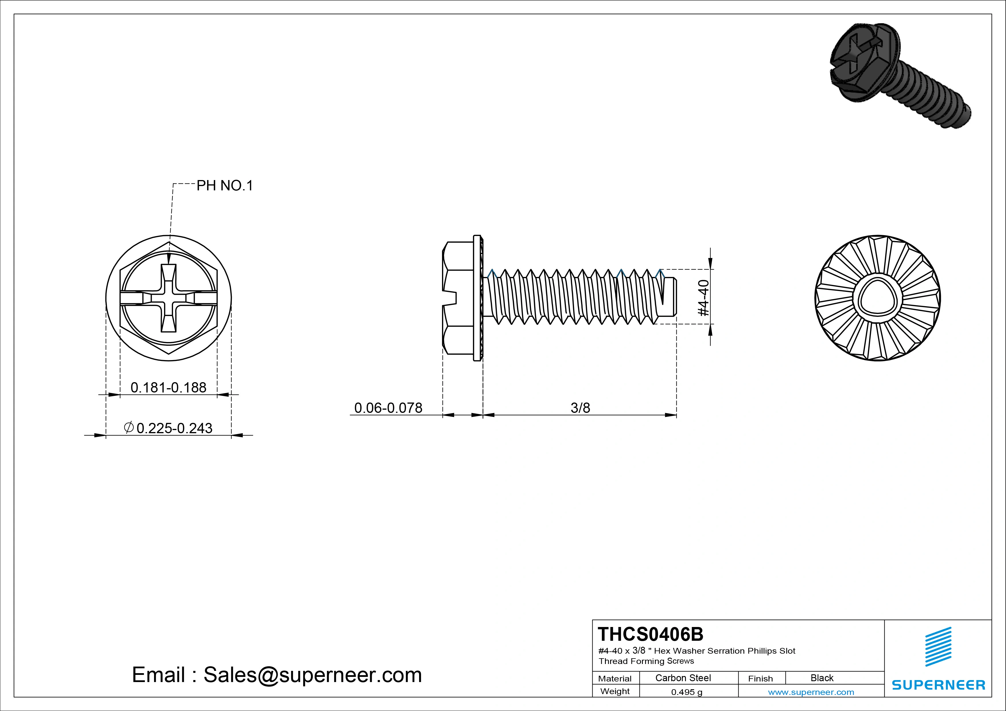 4-40 × 3/8 Hex Washer Serration Phillips Slot Thread Forming  Screws for Metal  Steel Black