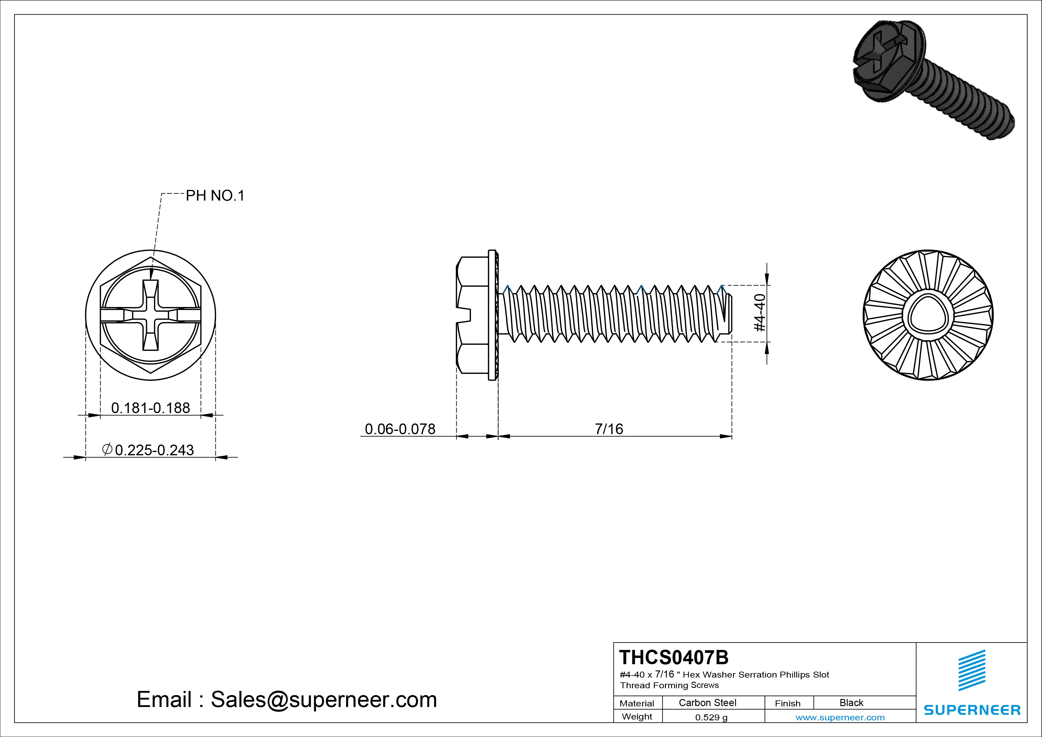4-40 × 7/16 Hex Washer Serration Phillips Slot Thread Forming  Screws for Metal  Steel Black
