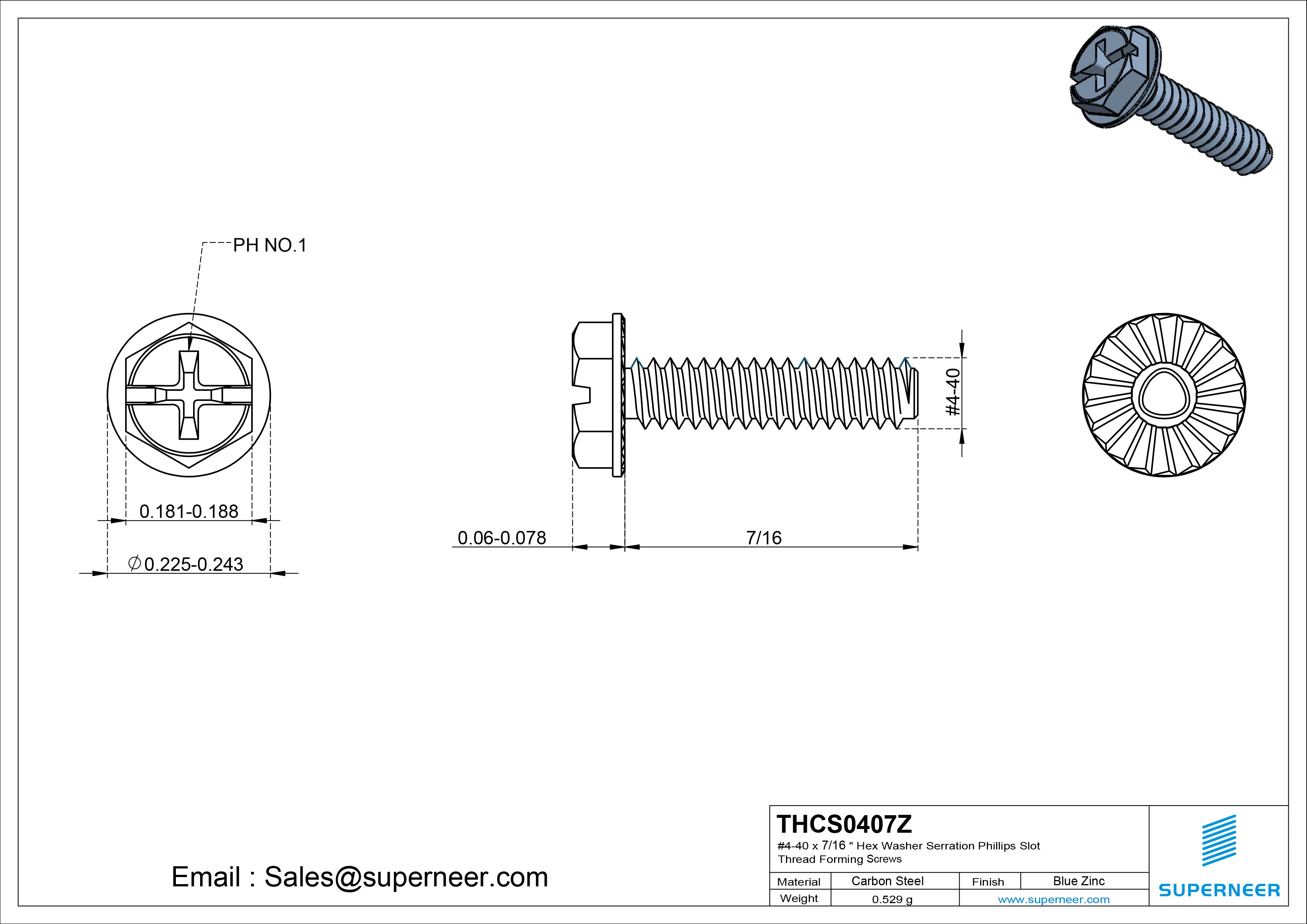 4-40 × 7/16 Hex Washer Serration Phillips Slot Thread Forming  Screws for Metal  Steel Blue Zinc Plated