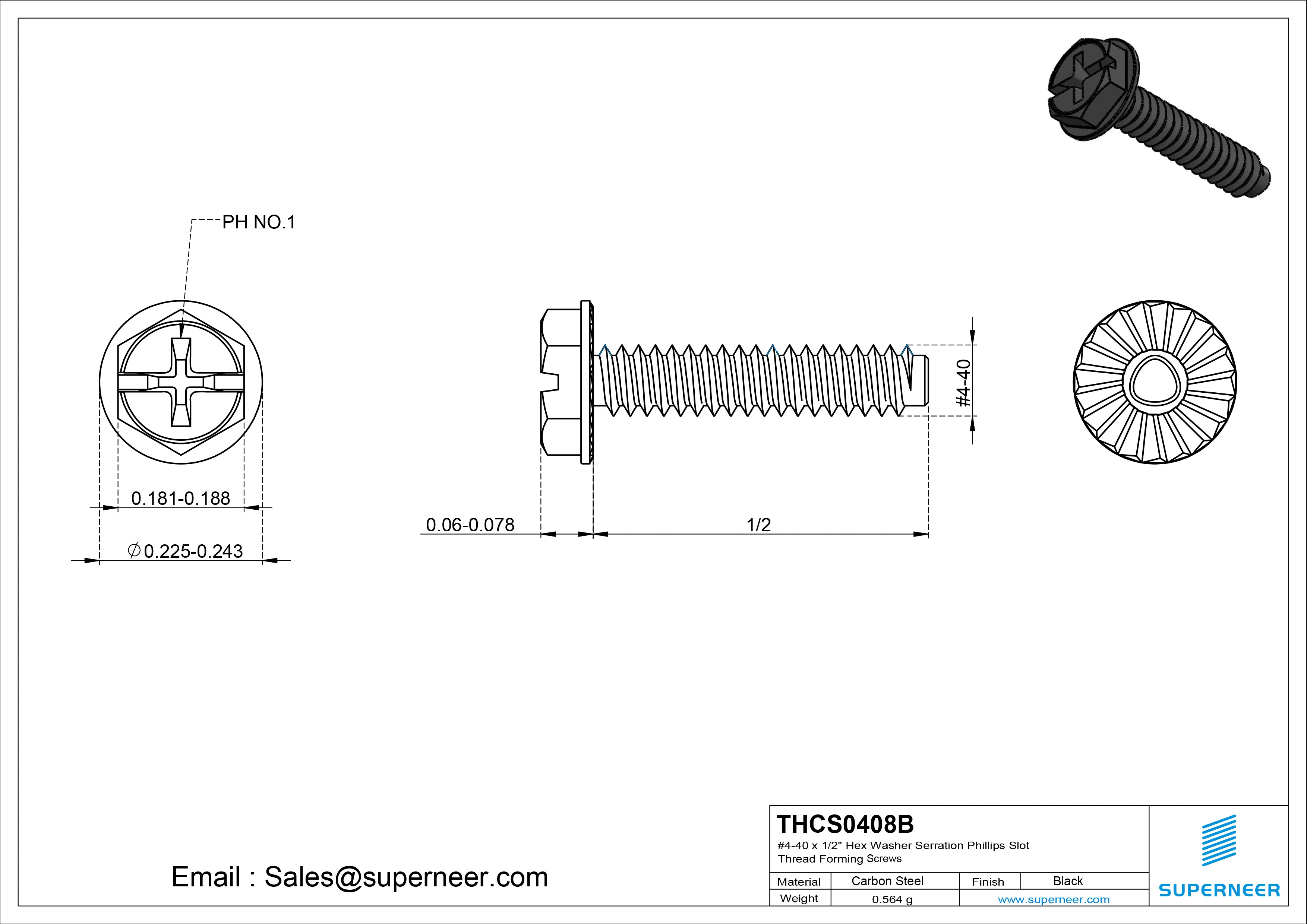 4-40 × 1/2 Hex Washer Serration Phillips Slot Thread Forming  Screws for Metal  Steel Black