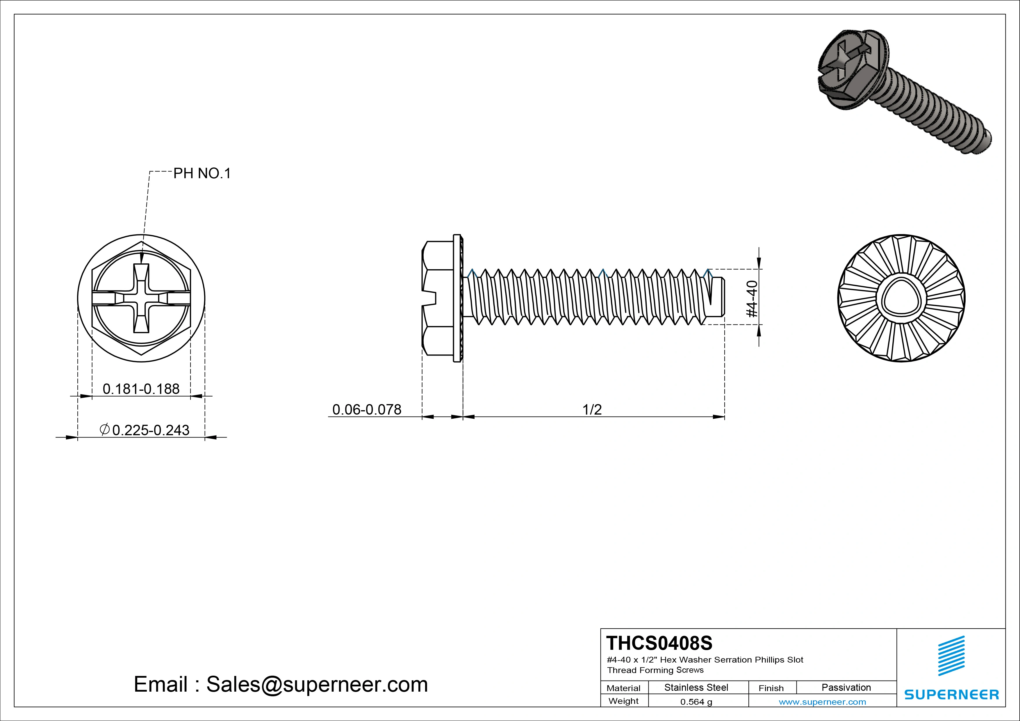4-40 × 1/2 Hex Washer Serration Phillips Slot Thread Forming  Screws for Metal  SUS304 Stainless Steel Inox