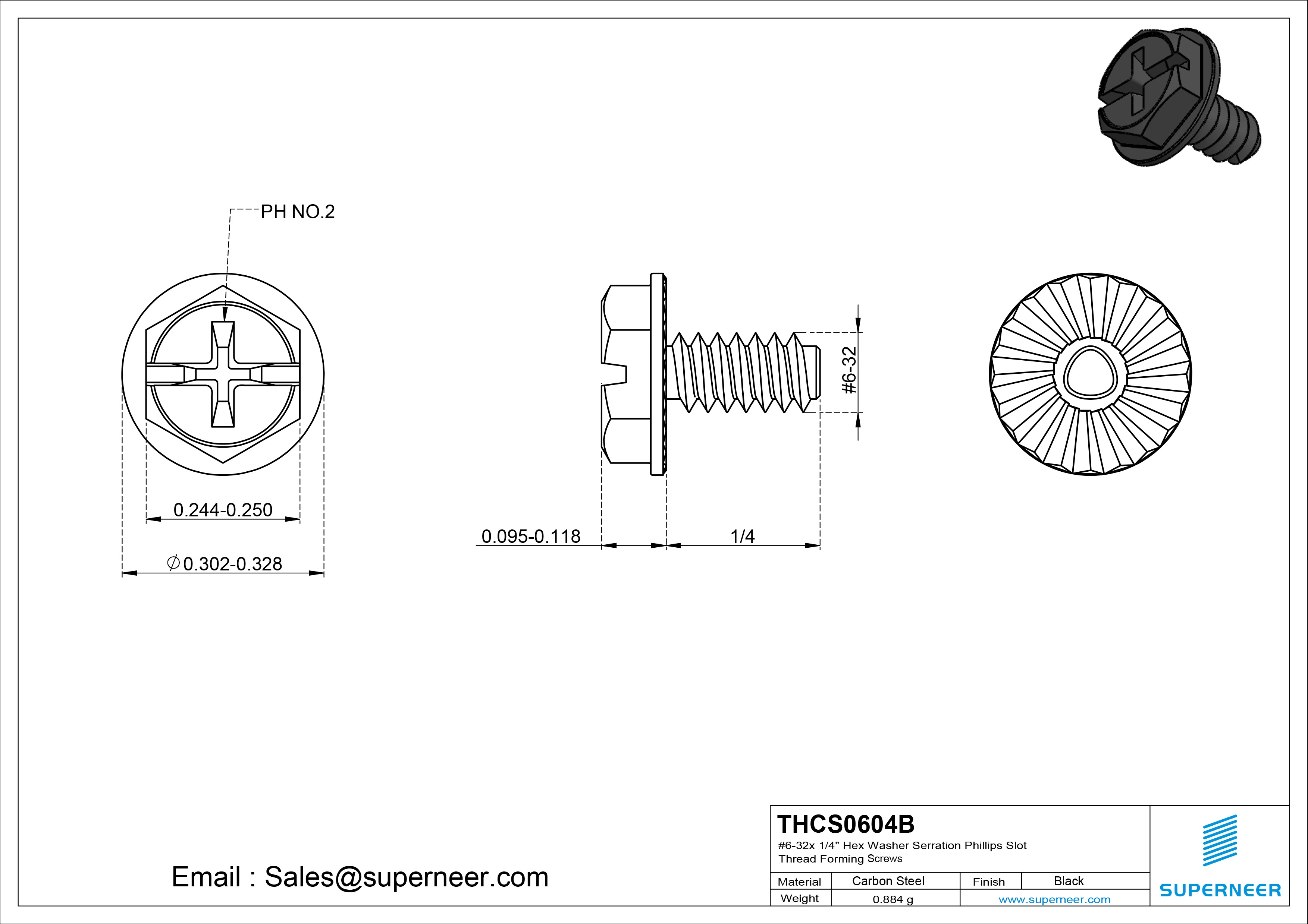 6-32 × 1/4 Hex Washer Serration Phillips Slot Thread Forming  Screws for Metal  Steel Black