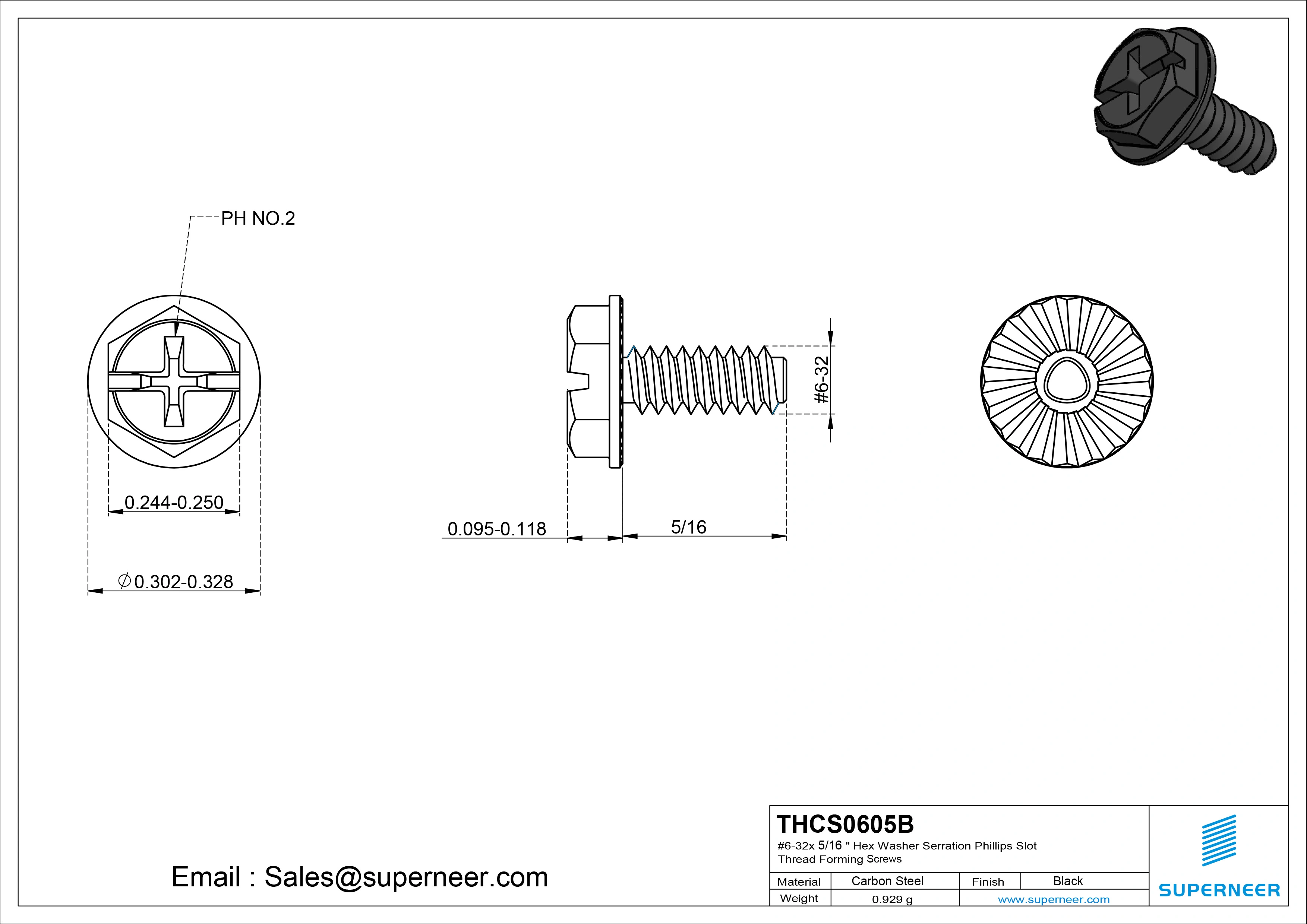 6-32 × 5/16 Hex Washer Serration Phillips Slot Thread Forming  Screws for Metal  Steel Black